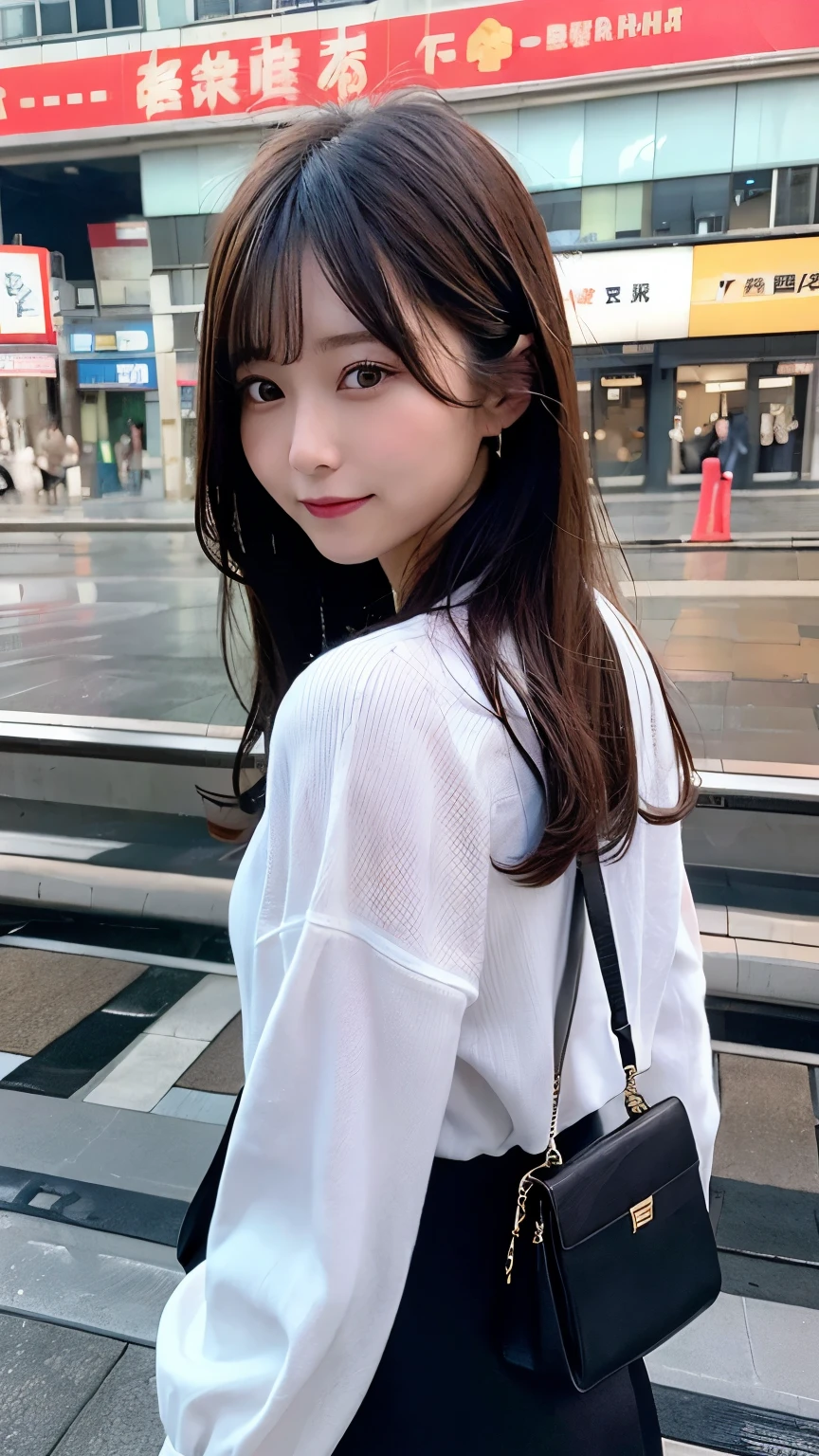 (highest quality,High resolution,super detailed,realistic:1.2) Crowded station platform, eye level perspective, lively atmosphere,There are no trains, On the way home, night station、High-definition images、Highest image quality。Full body of young woman、 cute type、black hair、night time、after work、On the way home、sabrina bag、skirt、pumps、engagement ring、a chance reunion、Old lover、nostalgic time、waiting for the train、lively crowd, dynamic movement, modern Tokyo, city life、Scenery of the station with Lassi on the way back from Japan。