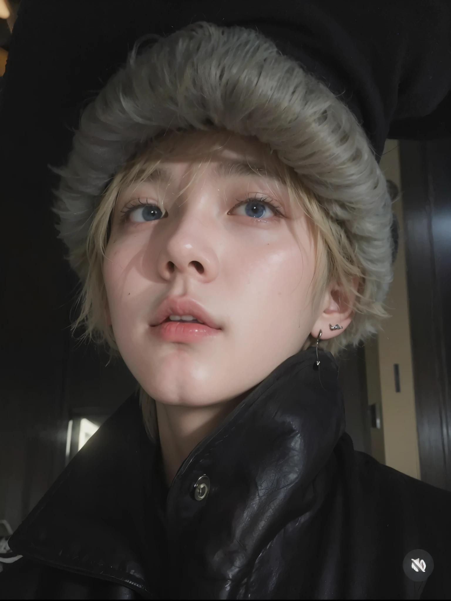 Foto arafed de una persona con un gorro de piel y aretes., Jimin\his right eyelid is swollen, cai xukun, Jung Jaehyun, kim doyoung, jinyoung shin, Jimin\los labios carnosos, pintar ulzzang, foto de perfil, hong junio hyung, park Jimin, hyung tae, Jimin, sun yunjoo, steven jung, kim taejin, tae bts, rostro adorable, realista, perfecto, blonde hair, blue eyes, hermoso chico 