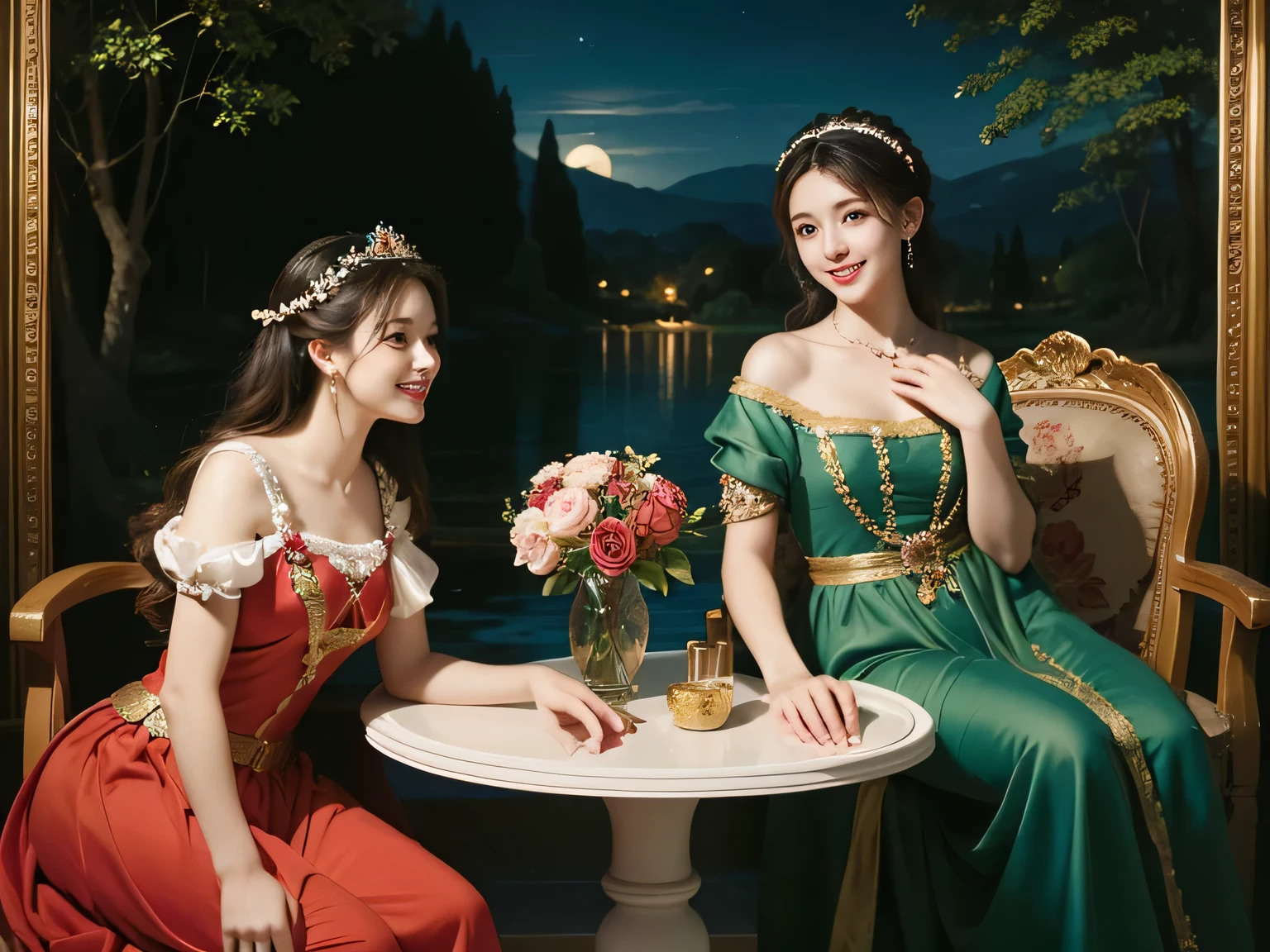 Raffaello Santi painting style,Arguments of two female P、roses in vase、fruits、Cute trinkets、smile、ancient greek costume、Background is a forest lake at night ,A big smile