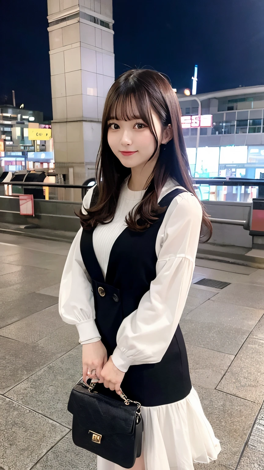 (highest quality,High resolution,super detailed,realistic:1.2) 混雑したstation platform, eye level perspective, cold night、station platform、young woman、black hair medium long、cute、after work、sabrina bag、white blouse、skirt、pumps、engagement ring、lively crowd, dynamic movement, modern architecture, city life、Station scenery during the rush to return home。