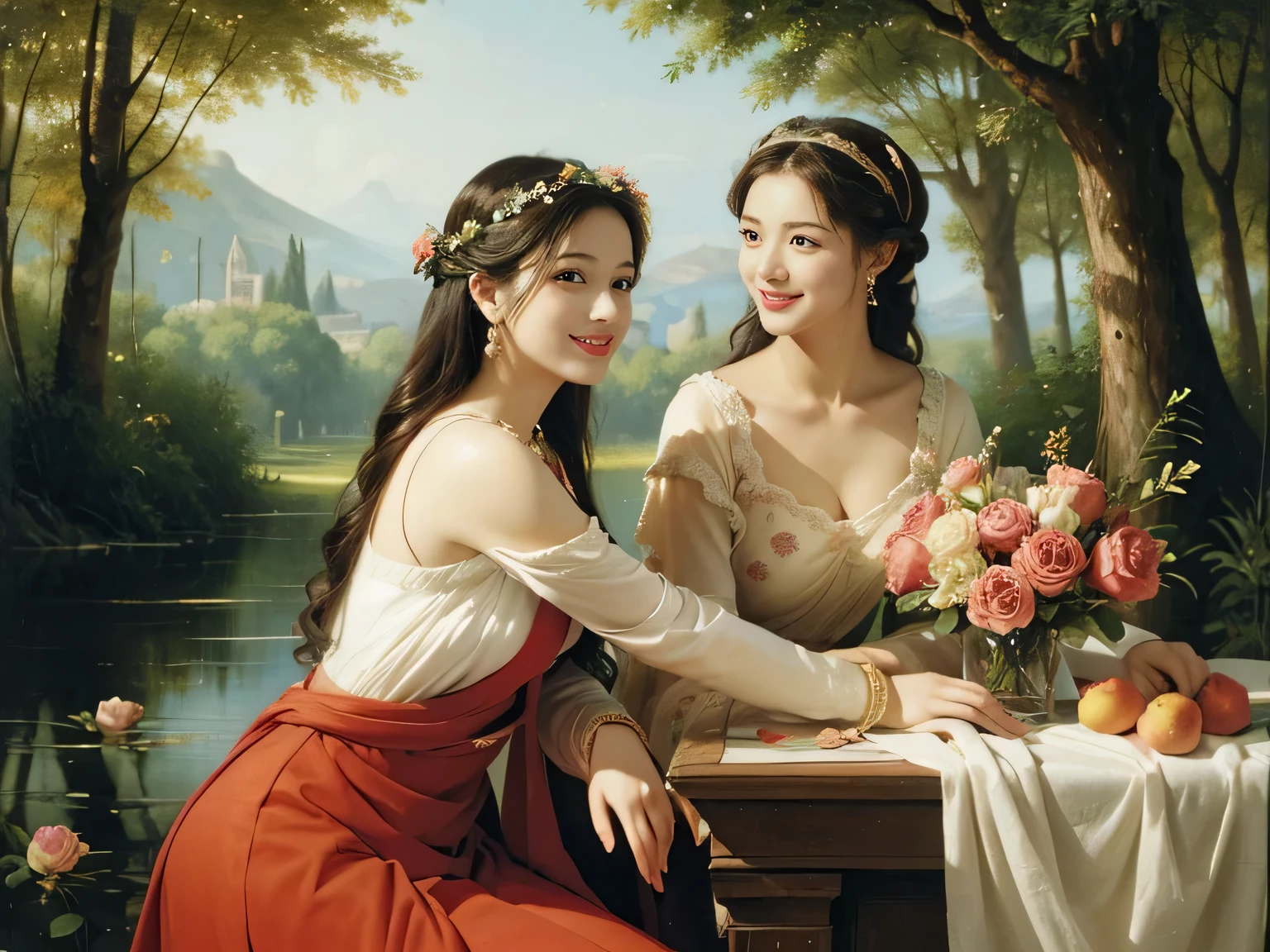 Raffaello Santi painting style,Arguments of two female P、roses in vase、fruits、Cute trinkets、smile、ancient greek costume、Background is a forest lake at night ,A big smile