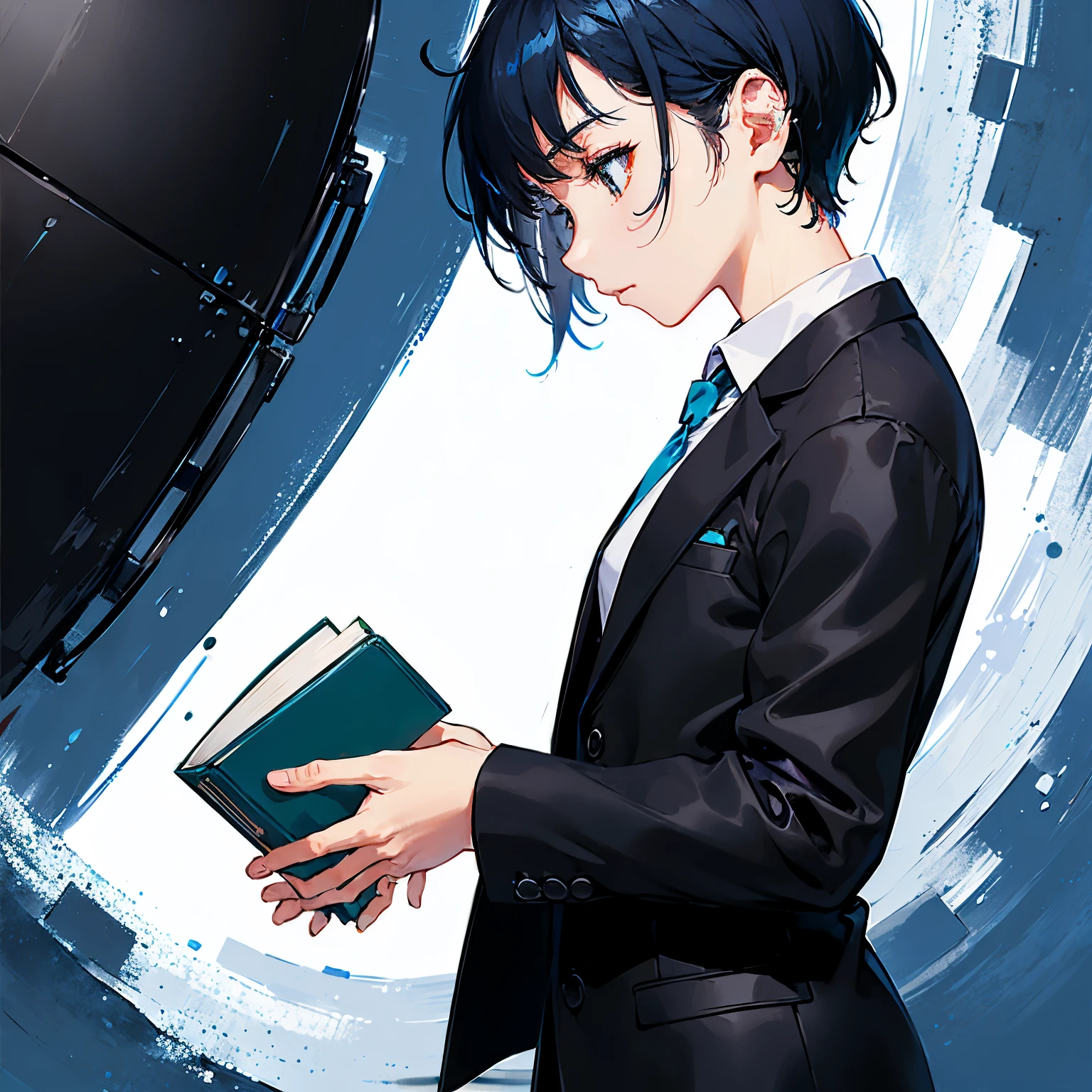 high-resolution, top quality, BestQuality:1.3, ultra detailed 4k cg, ultra detailed 8k cg, lighting forward, ((dark lower eyeshadow)), (blue short hair:1.4), kids, (A long black suit jacket over a white shirt:1.2), (no background), baggy clothes, (tired hair:1.5), closed mouth, (cute:1.5), Suit bottoms, (no background:1.2), (concentrate on reading a book:1.2), (from side:2.0)