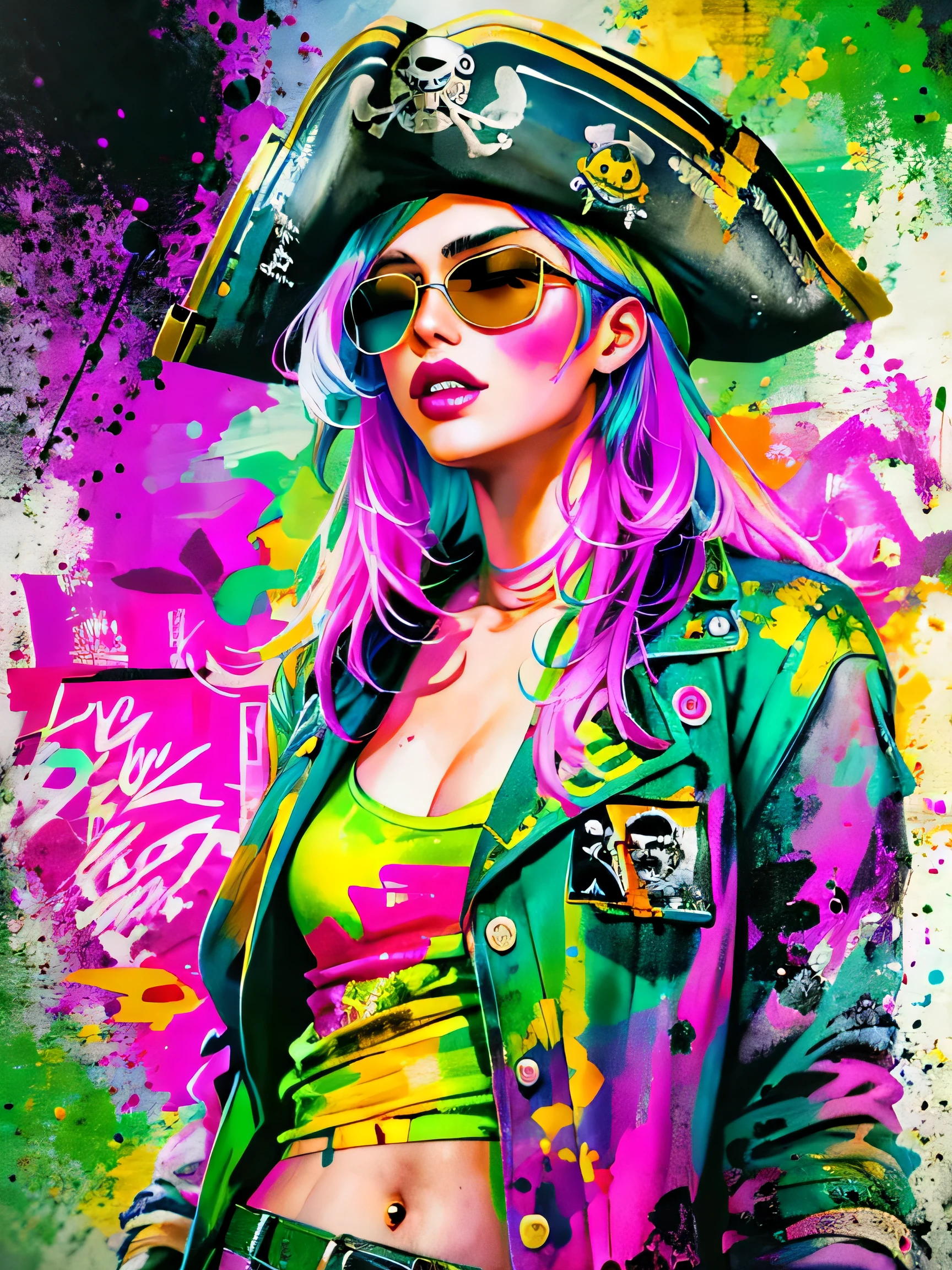 watercolor painting, 8K resolution、((highest quality))、((masterpiece))、((Super detailed))、(((most fashionable design)))、1 female、alone、incredibly absurd、 (((The most beautiful pirate girl of all time))), (((Stylish sunglasses))), lips in love, pirate bandana,neon、small breasts,、(((graffiti art))), colorful hair, provocative