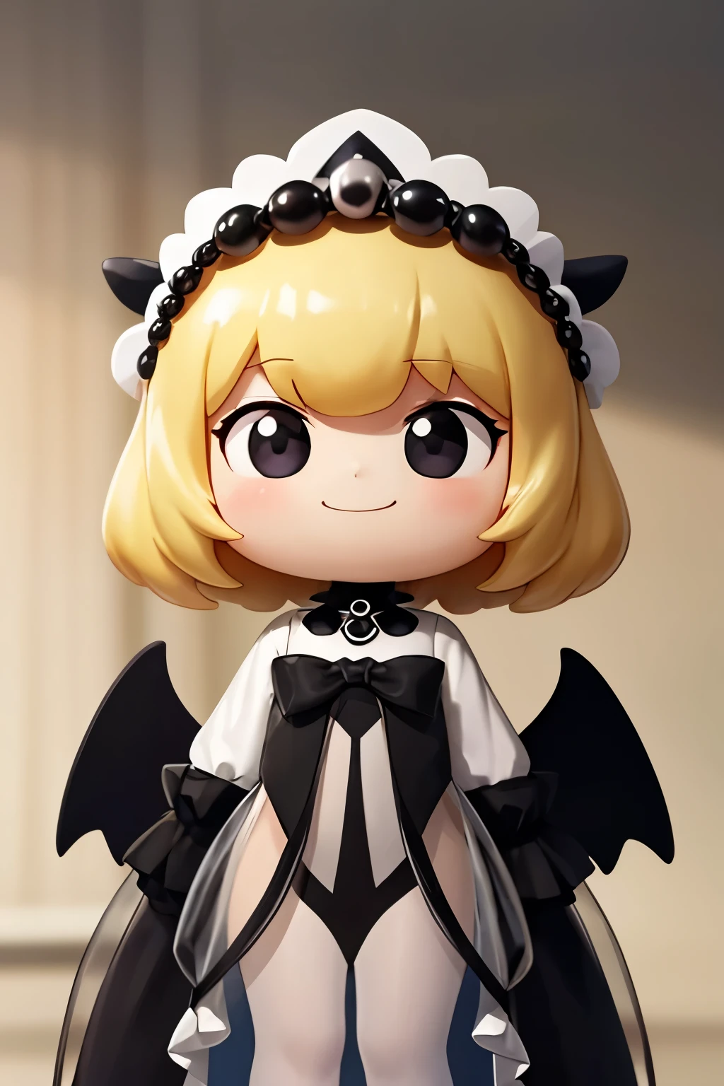 Blonde girl with black wings and black pearls in a white dress of transparent thin fabric、Shine、smile