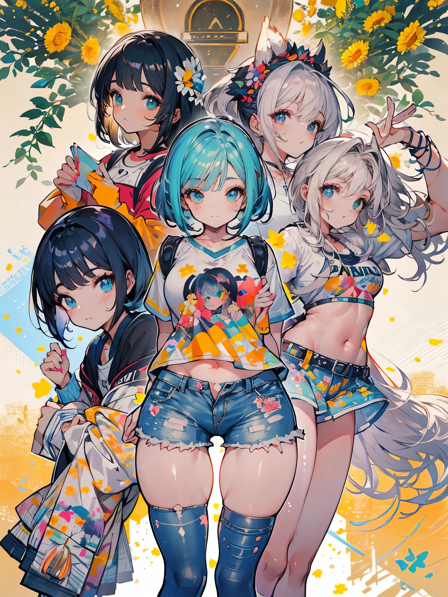 , mochila grande, seios pequenos, bunda grande, thick body, thick coxa, short bob hair, tenis cano alto branco, meia grande, andando abobalhada e divertidamente, sozinha, dedo na boca, short jeans, (((campo de flores)))
