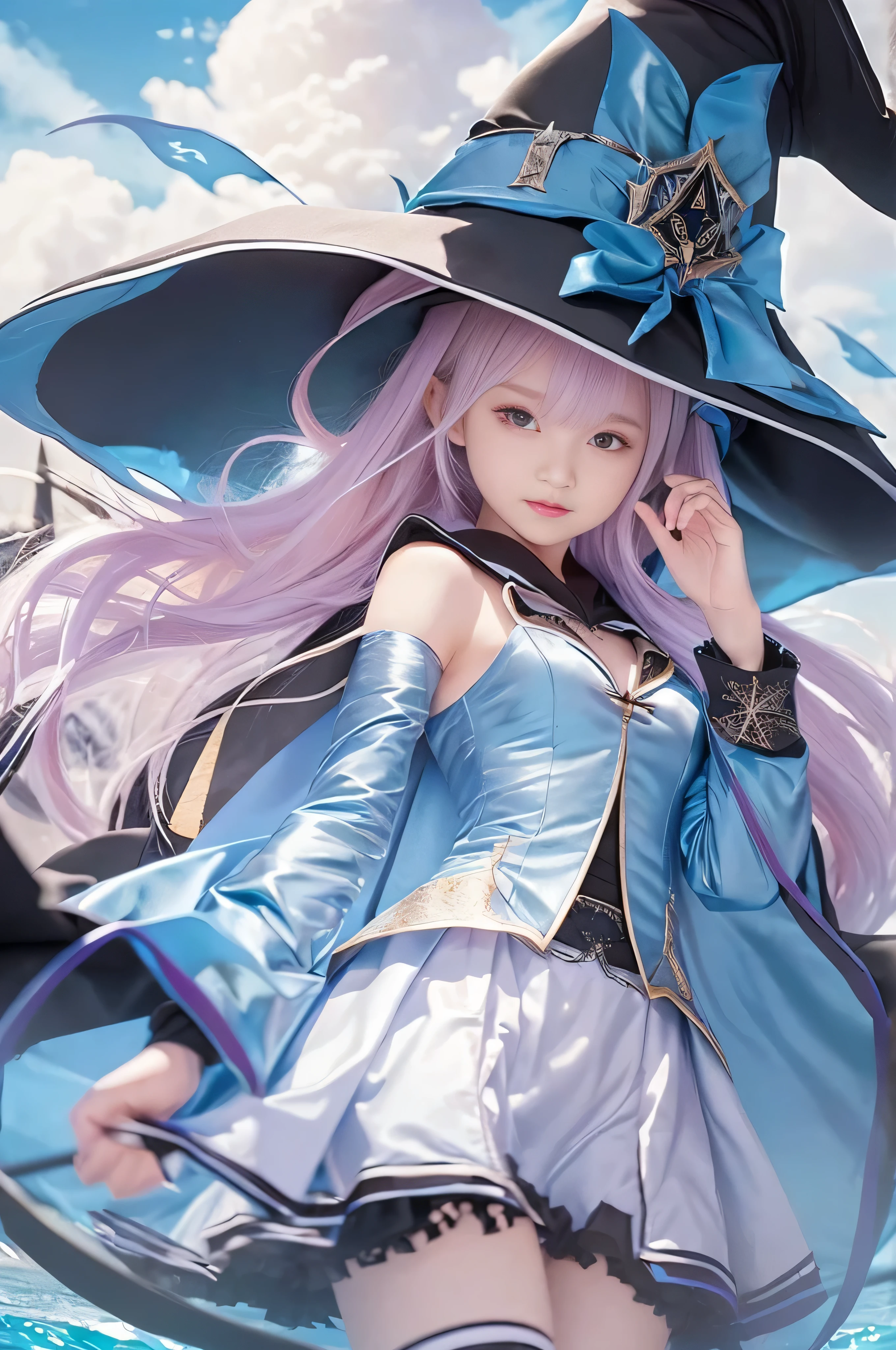 (RAW image quality:1.4), 1 girl, , Japanese, A woman wearing a blue and white lolita costublack wizard hat:1.4), (black cloak:1.4), floating in the sky with magical power, Reflecting the strength of her determination,Because she embodies the power of natural forces in battle.official art, 8k wallpaper, Super detailed, beautiful and aesthetic, beautiful, masterpiece, highest quality,(Please pay attention to your thighs),cute face,naughty smile, eye details,small bust、delicate body shape、(Wind,outstanding pale straight hair,Floating skirt),(wonderful bright blue sky:1.4), biologically correct,