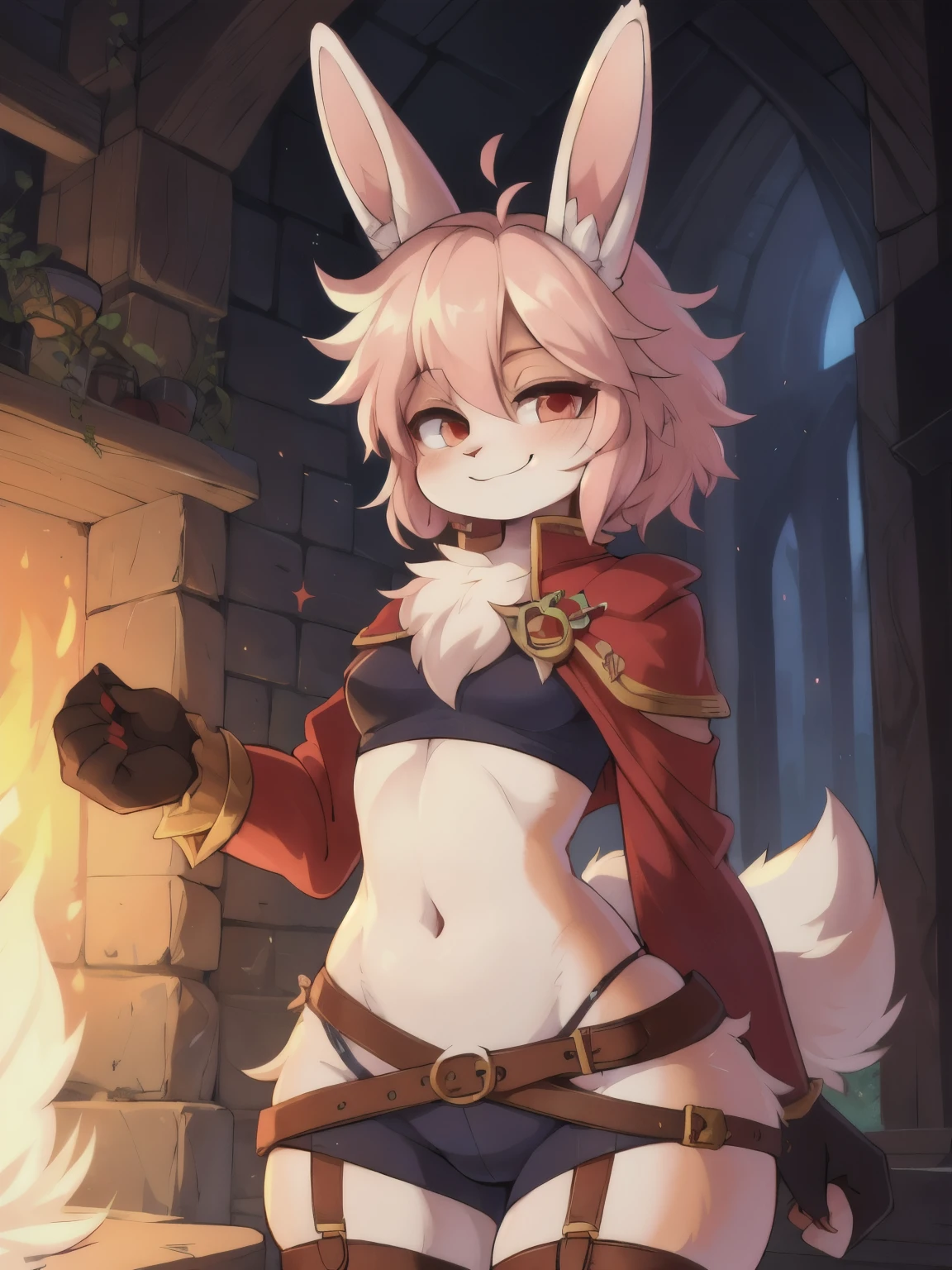 Best quality, Super detailed illustration, (fluffy bunny boy:1.4) , feminine face and body, disheveled thick hair, Adventurer Equipment, mage, dragon cult, smug smile, Half-closed eyes , Femboy, small waist, wide hips, Slim, Perfect body, DND style