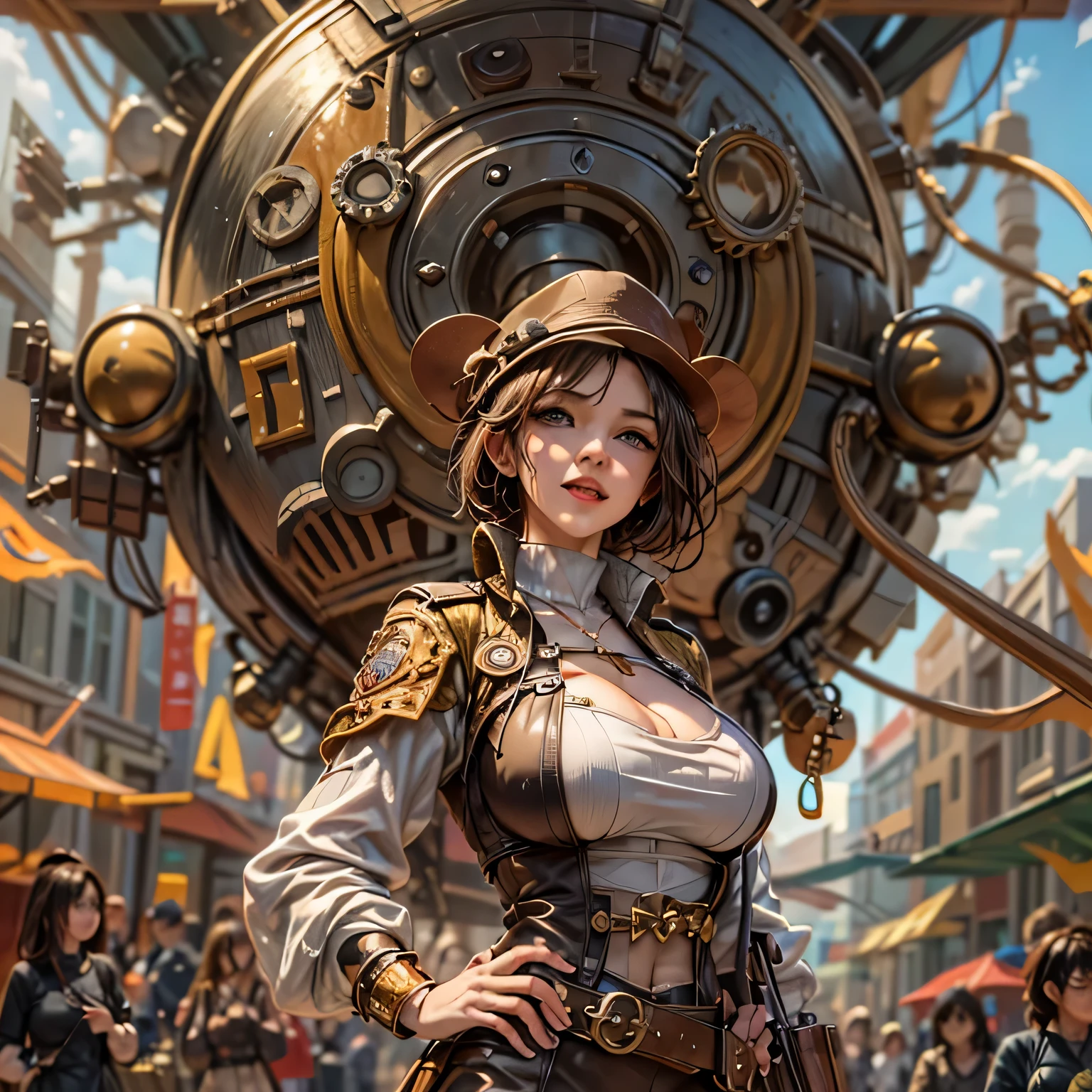 suggestive pose, random hair color, random eye color, Tenebrism art style painting,oil on canvas,(((huge big natural saggy breasts,very noticeable cameltoe))),steampunk airship background landscape,Complete Steampunk Clothes Intricade Details, WLOP, sakimichan,greg latkowski, Alphonse Mucha, Makoto Shinkai, Stanley Art Jem Lau, los dross, surreal,art station trends, unreal engine 5, 8k,concept art,digital paint, splash art, splash paint, facial portrait,grunge painting, written by banksy, Written by Greg Tocchini, Written by James Gillard, Written by Joe Fenton, Written by Keith Butcher, very detailed, symmetrical, octane rendering, concept art, Artistic, cinematic, super sharp focus, very detailed, Vibrant soul, perfection