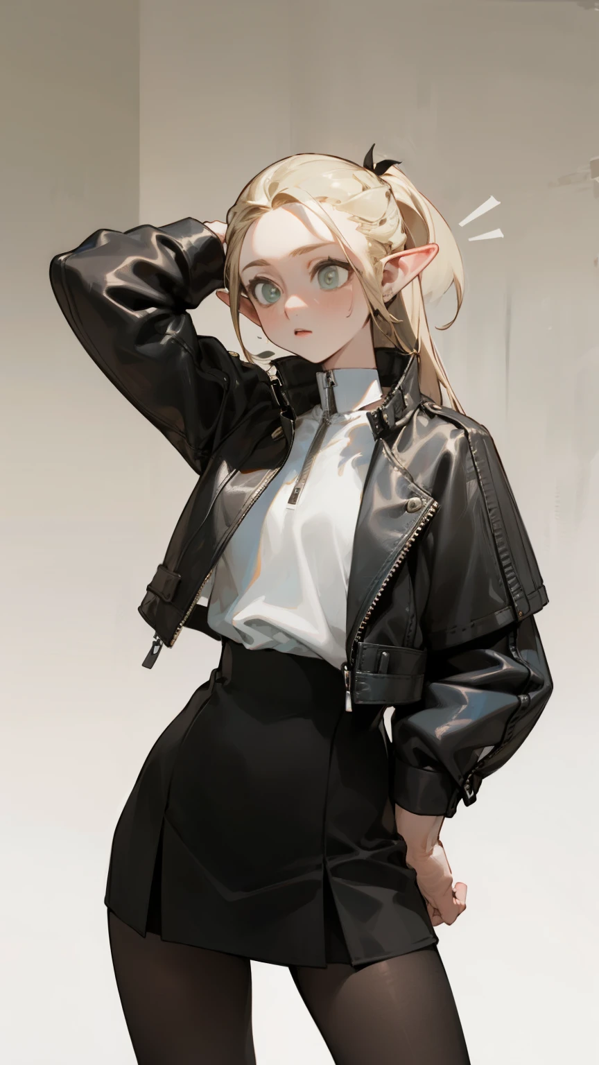 (masterpiece, best quality) detailed, 1character ,  Wearing black tights, silver accessories , zip up , blonde ,elegant, pointed ears ,leather jacket，White shirt