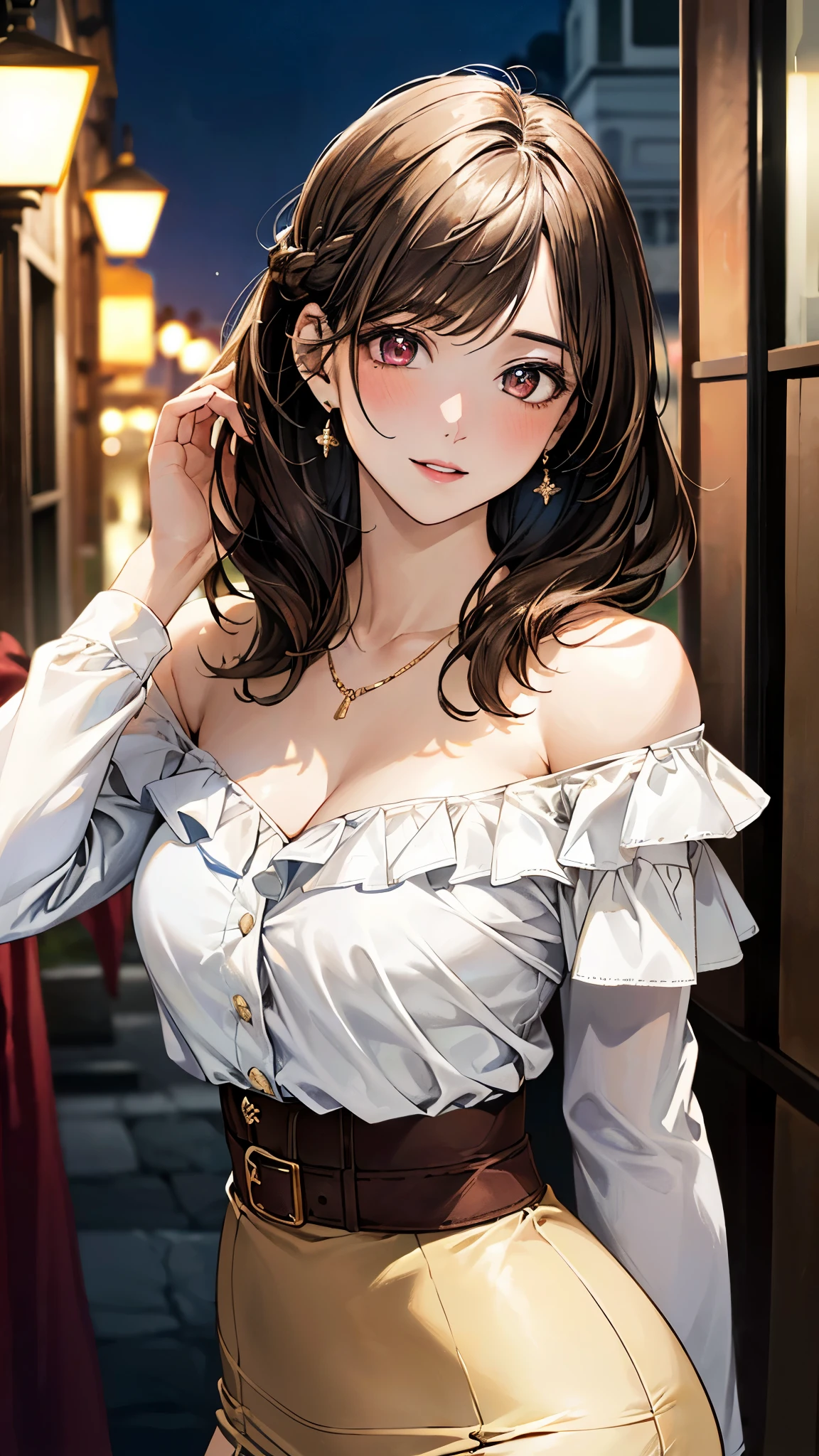 (masterpiece:1.3, top-quality), ultra high res, ultra detailed, (realistic, photorealistic:1.4), beautiful illustration, perfect lighting, colorful, depth of fields,
looking at viewer, (face focus, upper body), 1 girl, solo, hight school girl, gravure model, (large breasts:0.8, large ass, seductive thighs, skindentation),
(middle hair:1.2, half updo:1.2, light brown hair), bangs, braided bangs, (gold eyes), drooping eyes, parted lips, shiny skin,
beautiful hair, beautiful face, extremely detailed face, beautiful detailed eyes, beautiful clavicle, beautiful body, beautiful chest, beautiful thigh, beautiful legs, beautiful fingers,
(detailed cloth texture, (high waist white tight skirt, belt), (khaki color long sleeve ruffled off-shoulder shirt), garnet necklace,
(beautiful scenery), night, (tavern, modern), standing, (seductive-smile),