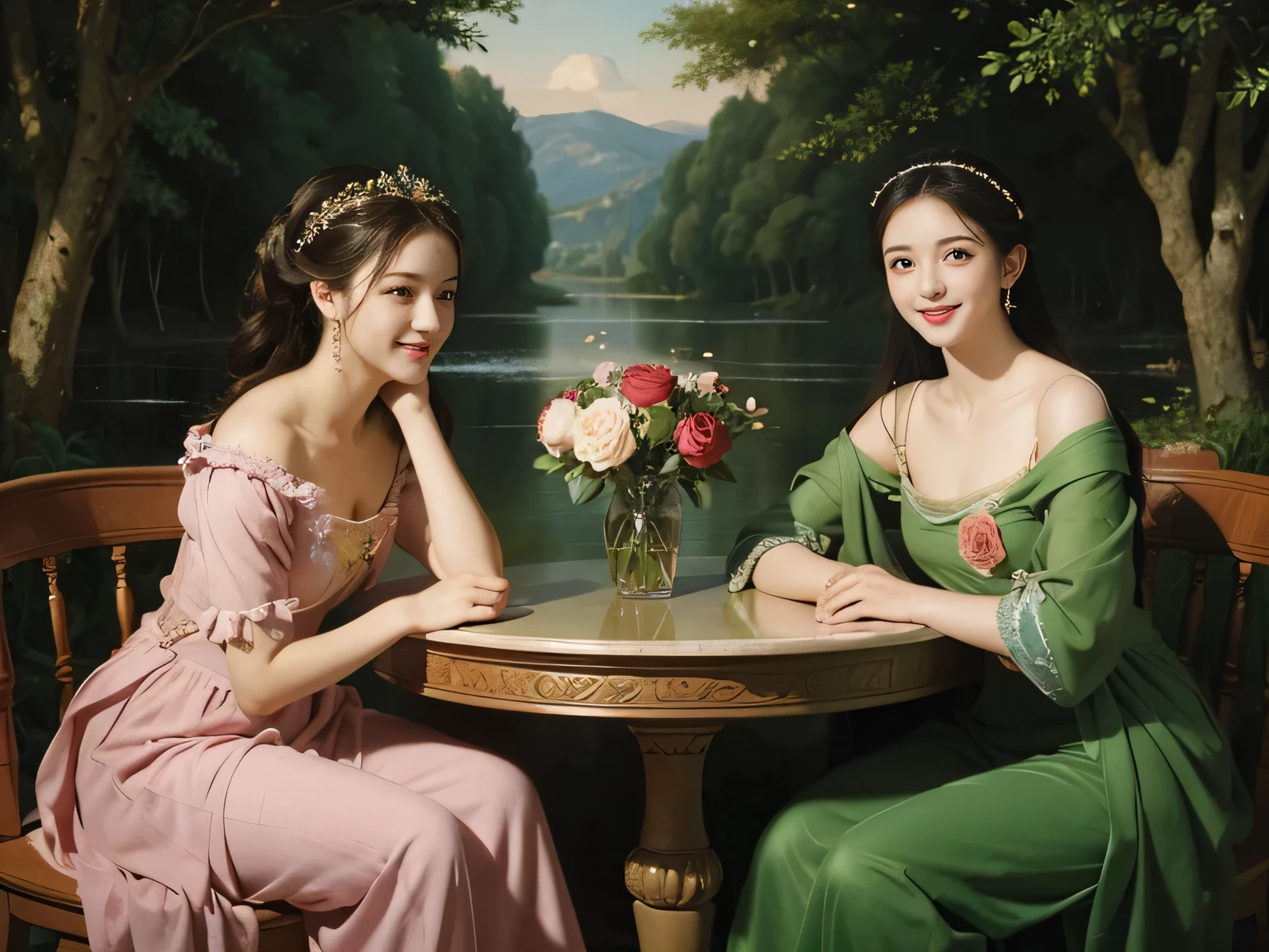 Raffaello Santi painting style,Arguments of two female P、roses in vase、fruits、Cute trinkets、smile、ancient greek costume、Background is a forest lake at night ,A big smile