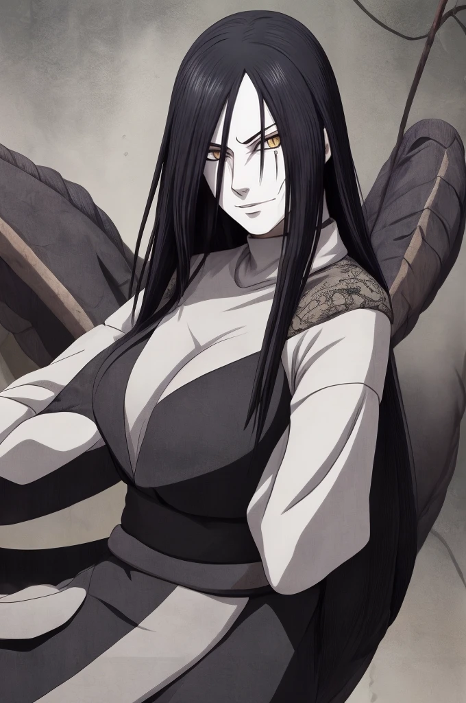 {-erro_de_anatomia:1.0} estilo anime, Masterpiece, absurdities, Orochimaru\(Naruto\), 1girl Solo, Mature woman, Oversized shirt with broad shoulders, Perfect composition, Detailed lips, large breasts, Beautiful face, body proportion, Blush, Long black hair, ( black hair), yellow eyes, Soft gauze, Super realistic, Detailed, photo shoot, Realistic faces and bodies, masterpiece, best quality, best , hyper detailed, 1 girl, solo, glamorous, blushing, whole body,