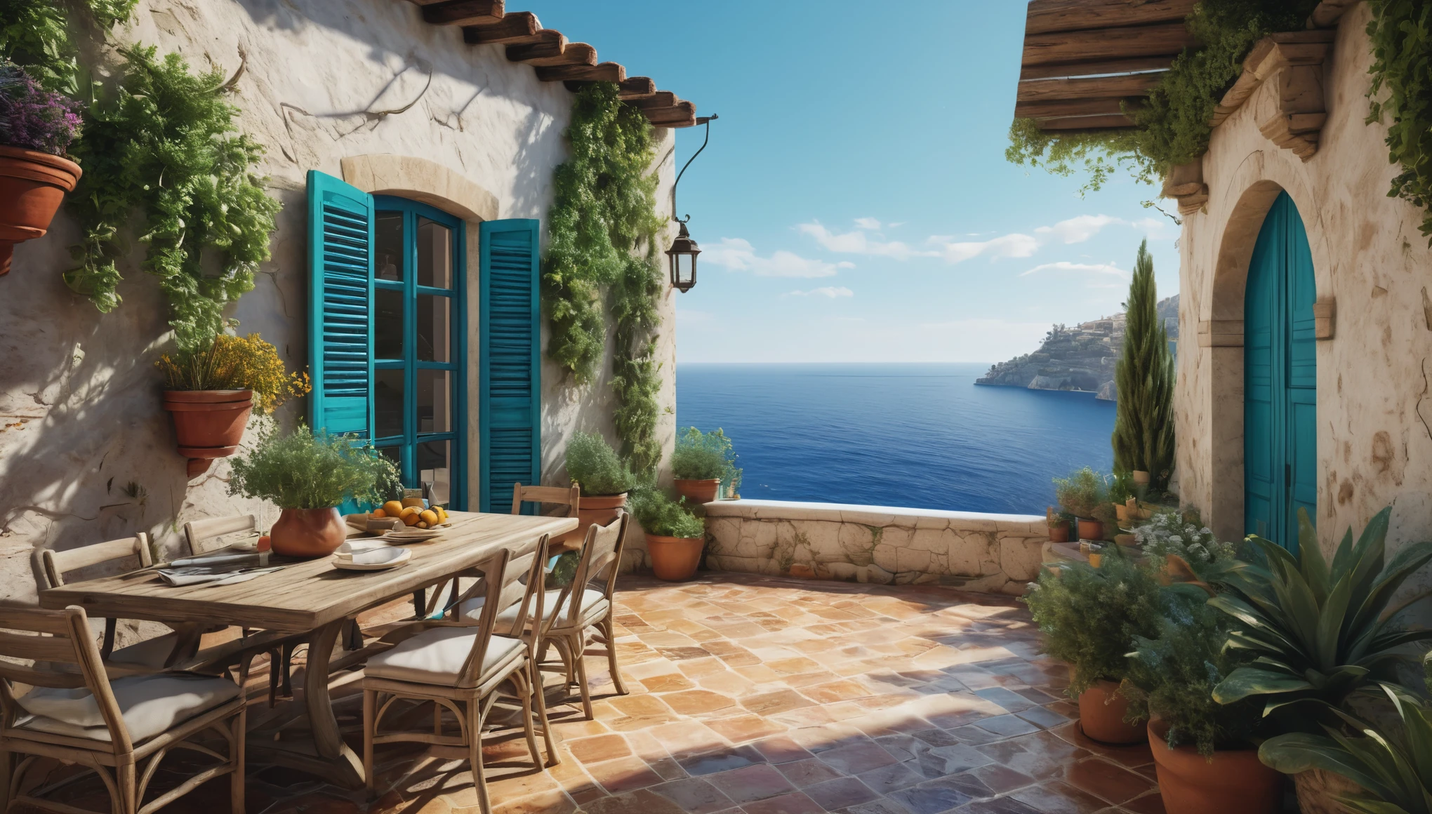 create an image demonstrating the style of ((Mediterranean)) style, hyper realistic, 8k, vibrant colors, sharp crisp image