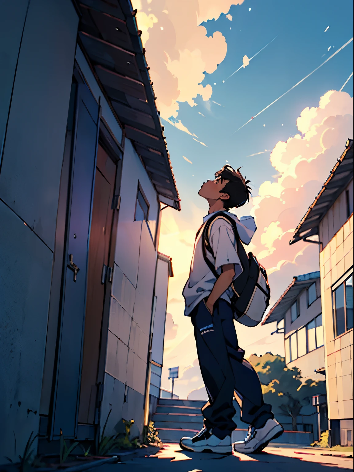 ANIME - STUDIO GHILBI, THE INDONESIAN HIGH SCHOOL BOY LOOK UP THE SKY, IN MIDLLE OF SCHOOL BUILDING, TEENAGER ERA,BROWN HAIR, BLUE SKY, WHITE CLOUD, GOLDEN HOUR,, GHILBI VIBES, FULL BODY, SCHOOL,
