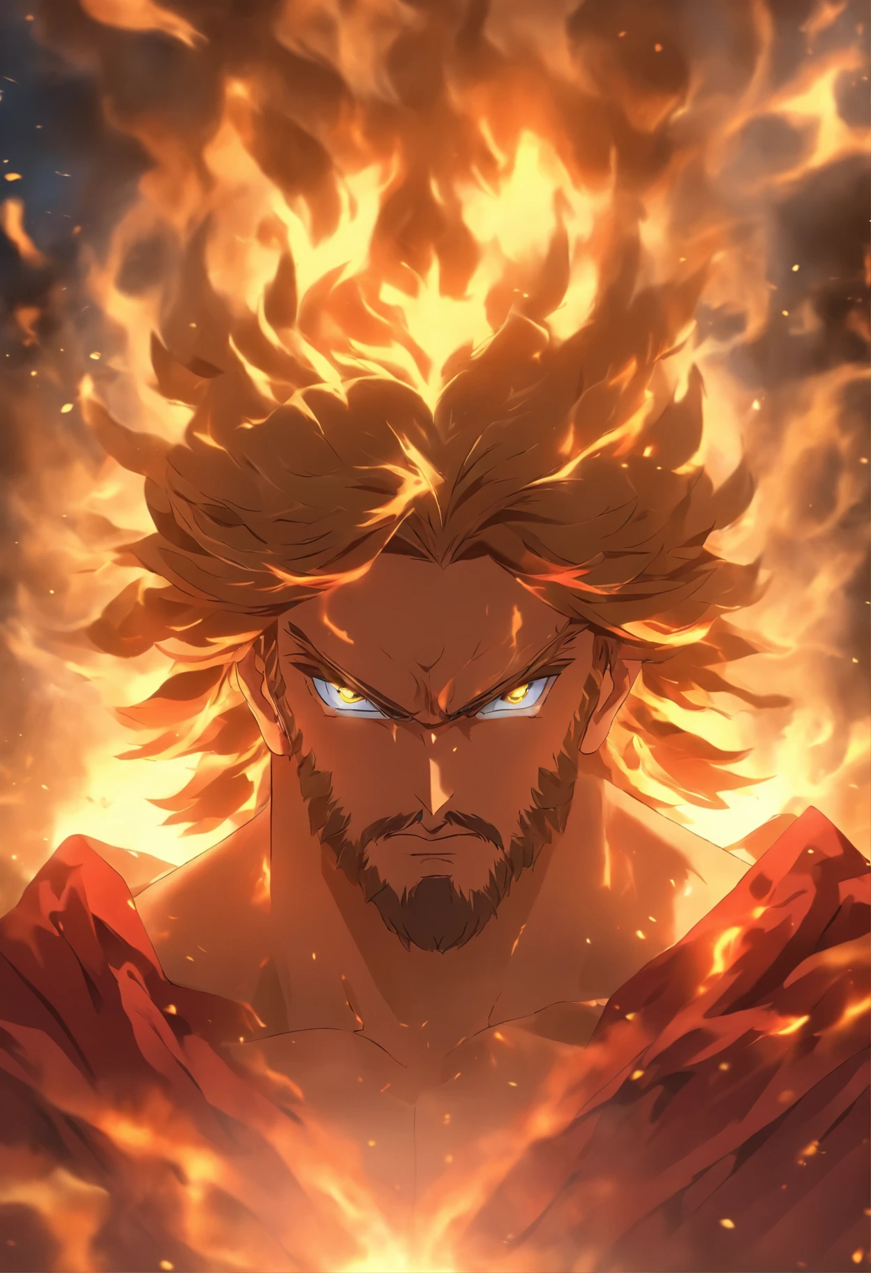 Majestic holy Jesus merged with fire and smoke looking powerfully to the camera