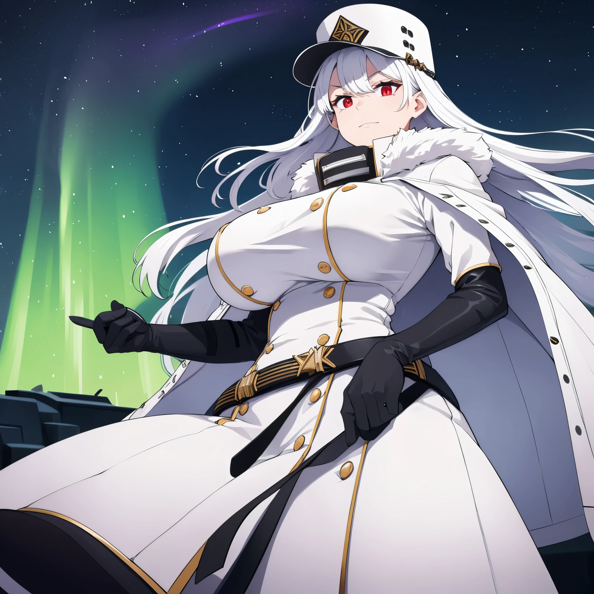 A woman wearing a white military uniform, white military hat, in the city of Moscow with the Northern Lights in the night sky, white hair and red eyes.
