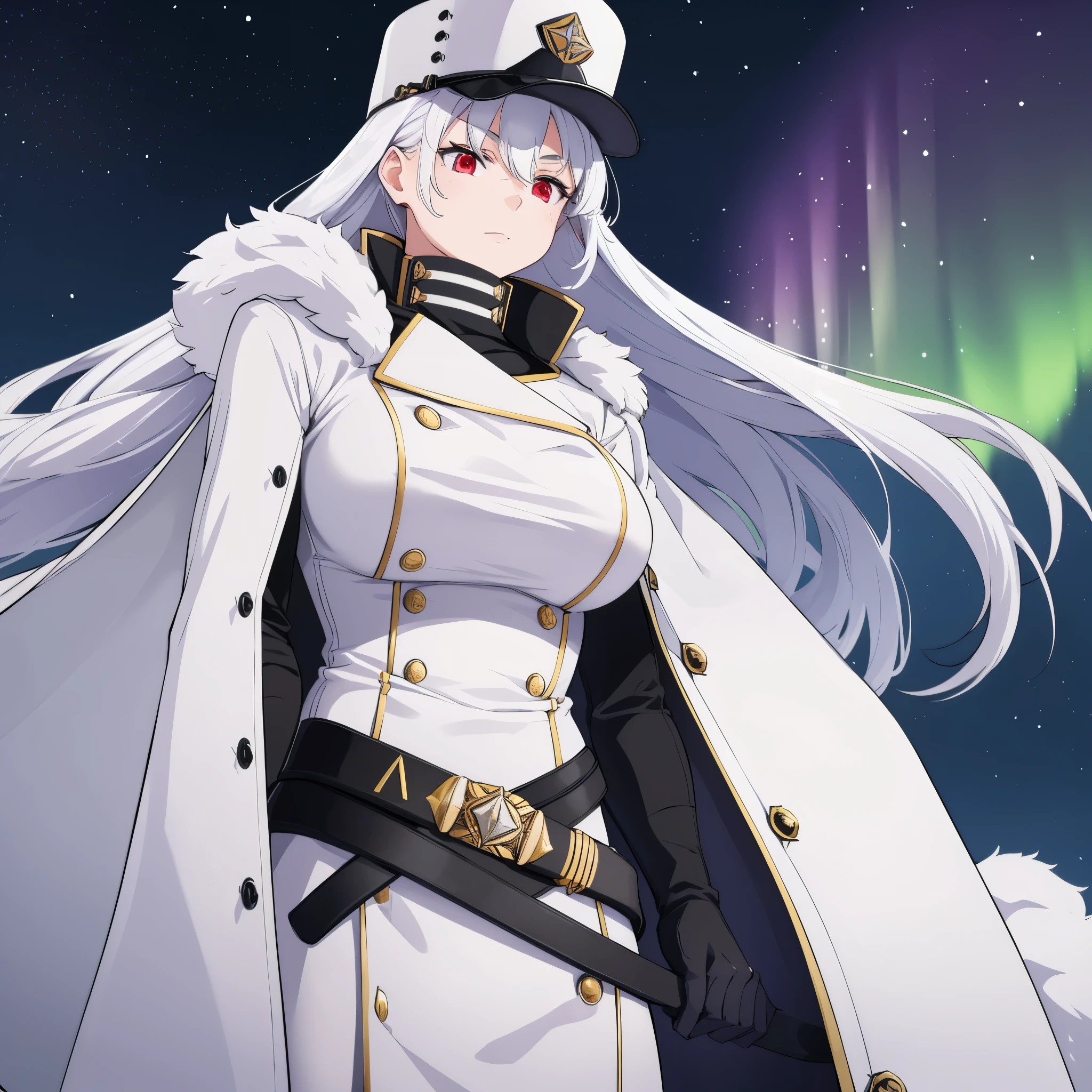 A woman wearing a white military uniform, white military hat, in the city of Moscow with the Northern Lights in the night sky, white hair and red eyes.
