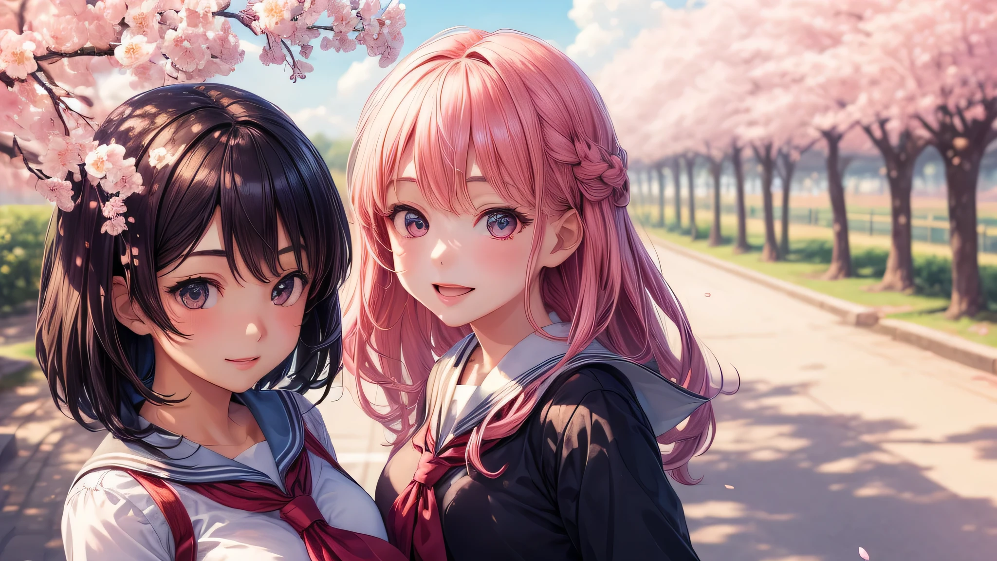(2 girls:1.2), cute face, shining smile, (school uniform, mini skirt:1.2), (highest quality: 1.4), (Super detailed), (highest quality:1.4), (super detailed), (cherry blossomsのトンネル in full bloom, cherry blossomsのトンネル), road, Day光, cherry blossoms, cherry blossoms, Sunny, cloud, Day, blue sky, (anime illustration), very high resolution, (Upper body), close up face