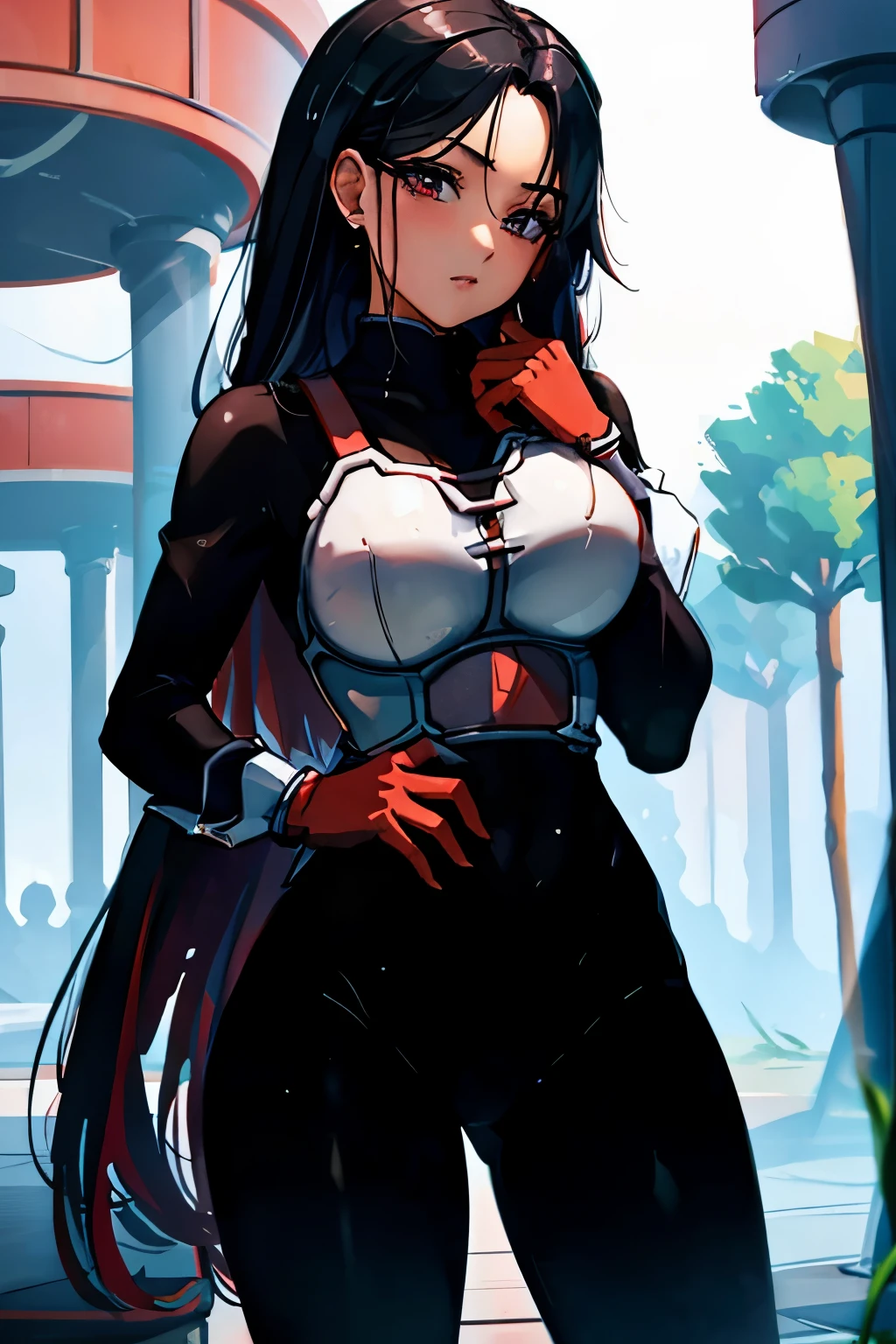 red eyes, black loose hair, anime style, best quality, black long-sleeved shirt, black leggings