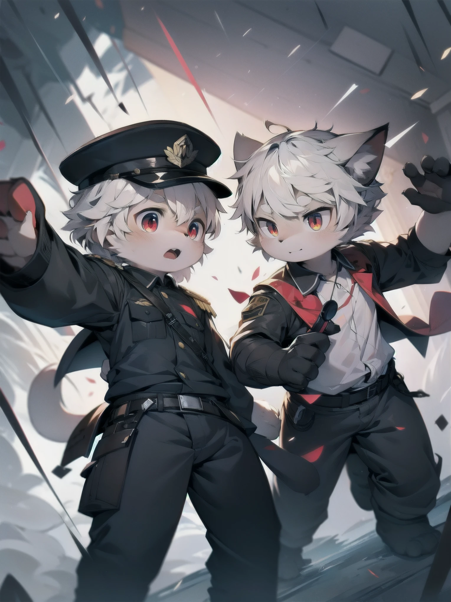 Male cats，gray hair，red pupils，white hair，horny boy，German officer uniform suit，hairy，Bullets are raining down，fighting stance，war，Handsome，masterpiece，soft lines，wind element