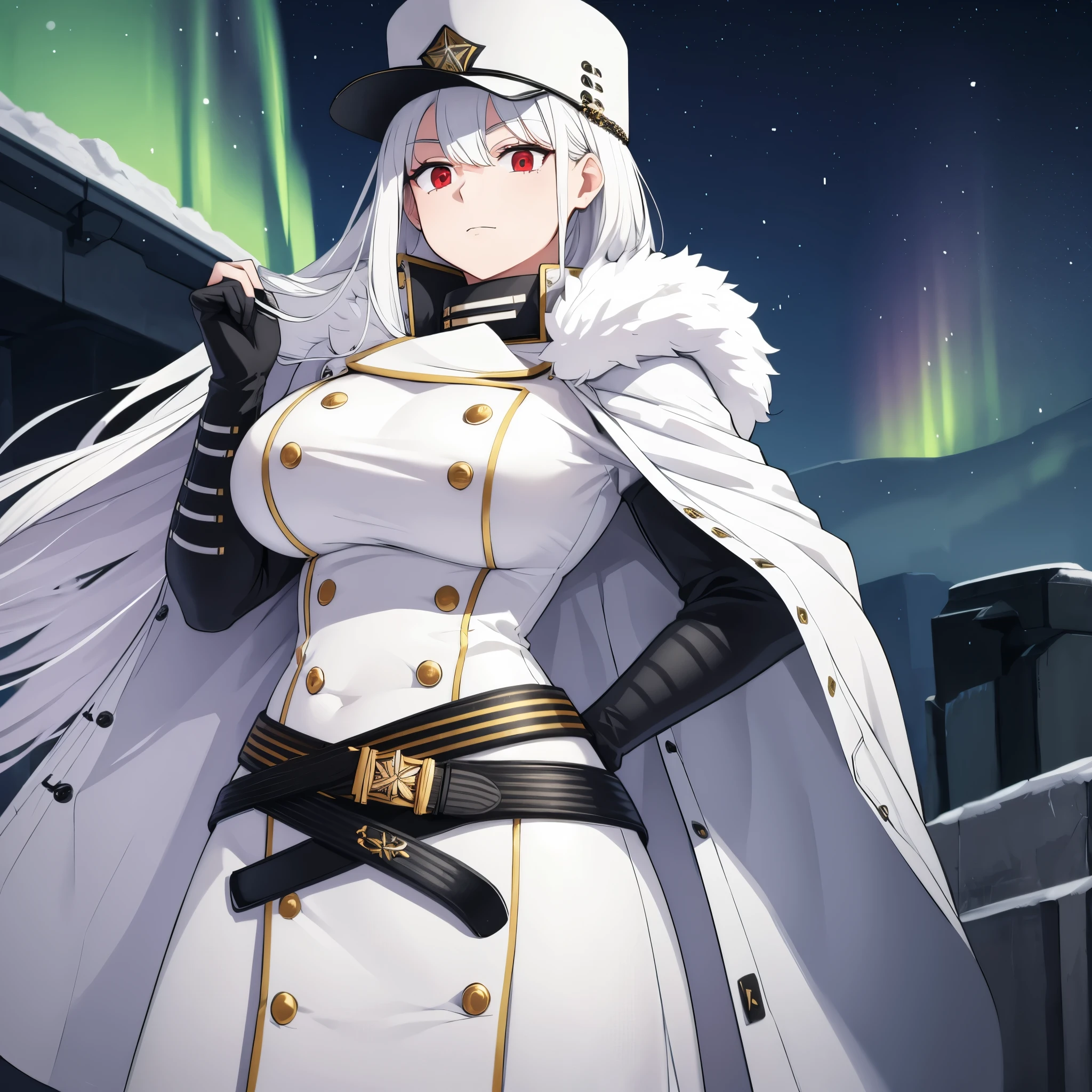 A woman wearing a white military uniform, white military hat, in the city of Moscow with the Northern Lights in the night sky, white hair and red eyes.
