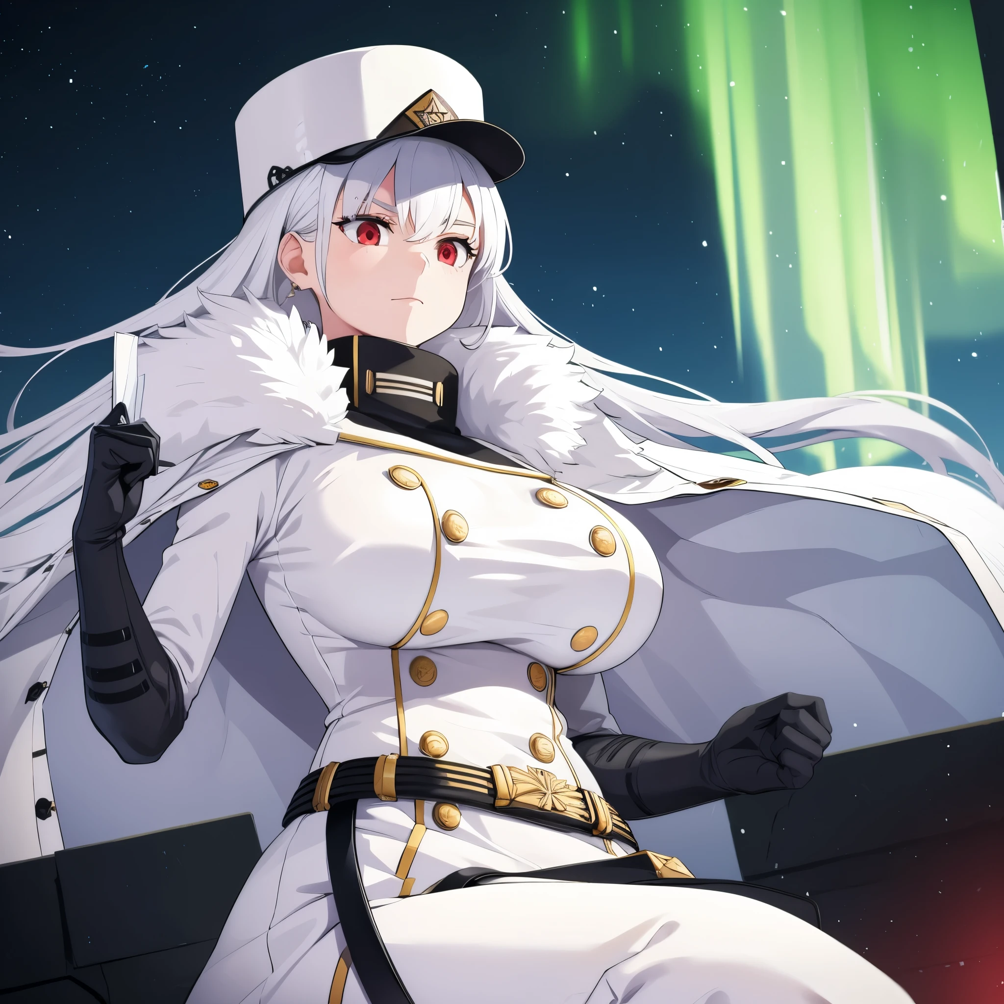 A woman wearing a white military uniform, white military hat, in the city of Moscow with the Northern Lights in the night sky, white hair and red eyes.
