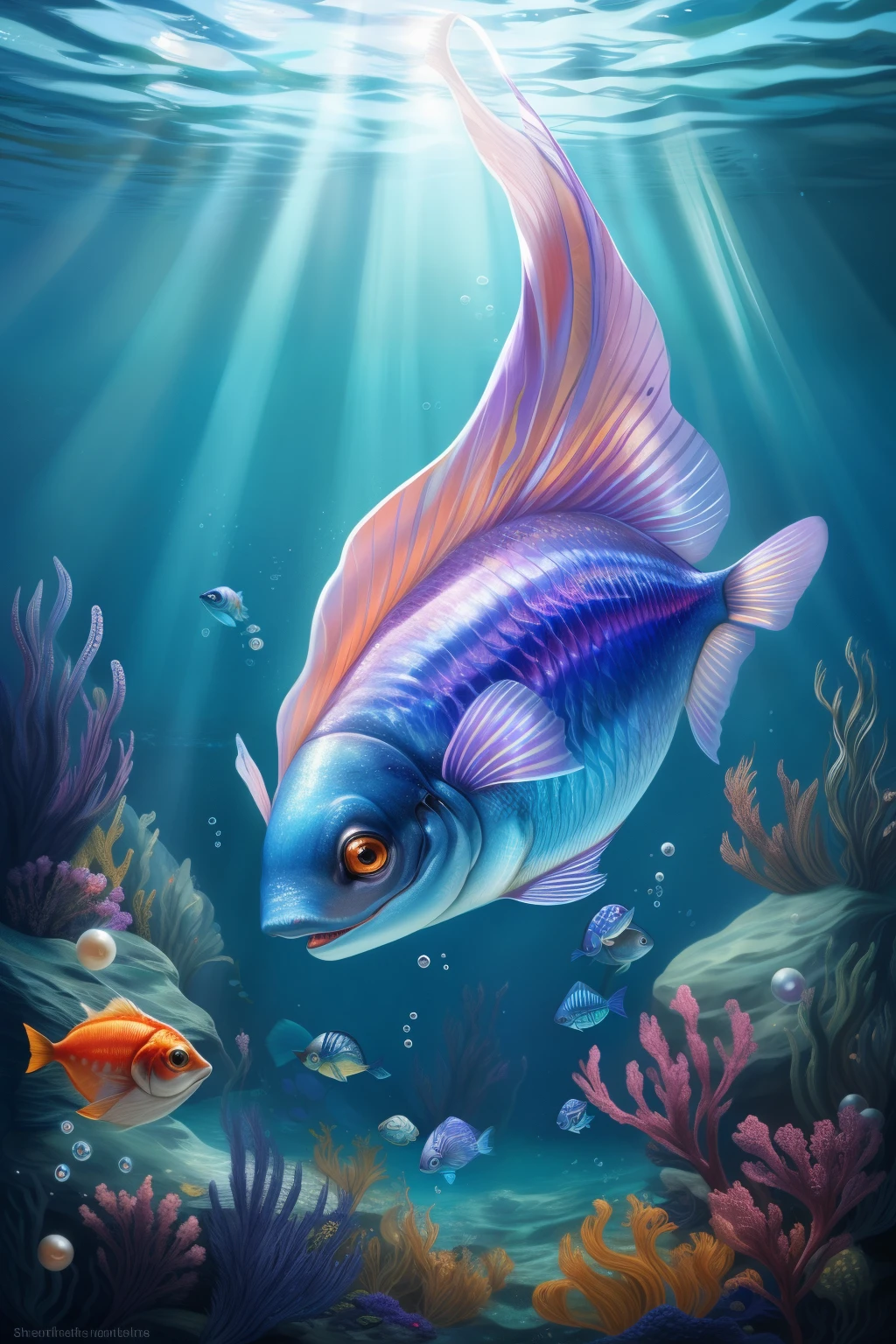 Create a realistic, masterpiece-quality image of a beautiful, fluffy fish with a light purple full body and long, fluffy hairs. Its large, orange eyes gleam brightly with a magical allure, surrounded by the shimmering waters of an underwater realm. Diamonds, pearls, and beads cascade from the fish's surroundings, catching the light and reflecting off silver chains that adorn the fluffy, purple fish shell. The water around the fish is alive with the gentle movement of its fluffy hair as it swims gracefully, creating a magical, enchanting scene. The fluffy, hairy fish is a true work of art and a magnificent, realistic creation.