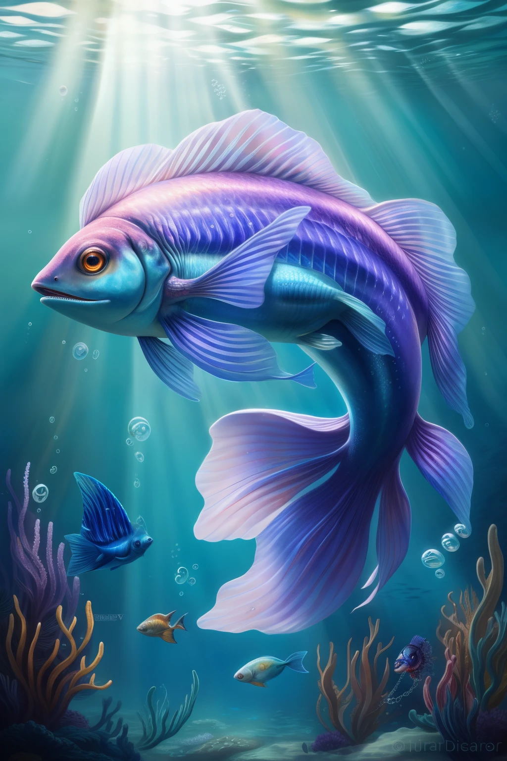 Create a realistic, masterpiece-quality image of a beautiful, fluffy fish with a light purple full body and long, fluffy hairs. Its large, orange eyes gleam brightly with a magical allure, surrounded by the shimmering waters of an underwater realm. Diamonds, pearls, and beads cascade from the fish's surroundings, catching the light and reflecting off silver chains that adorn the fluffy, purple fish shell. The water around the fish is alive with the gentle movement of its fluffy hair as it swims gracefully, creating a magical, enchanting scene. The fluffy, hairy fish is a true work of art and a magnificent, realistic creation.