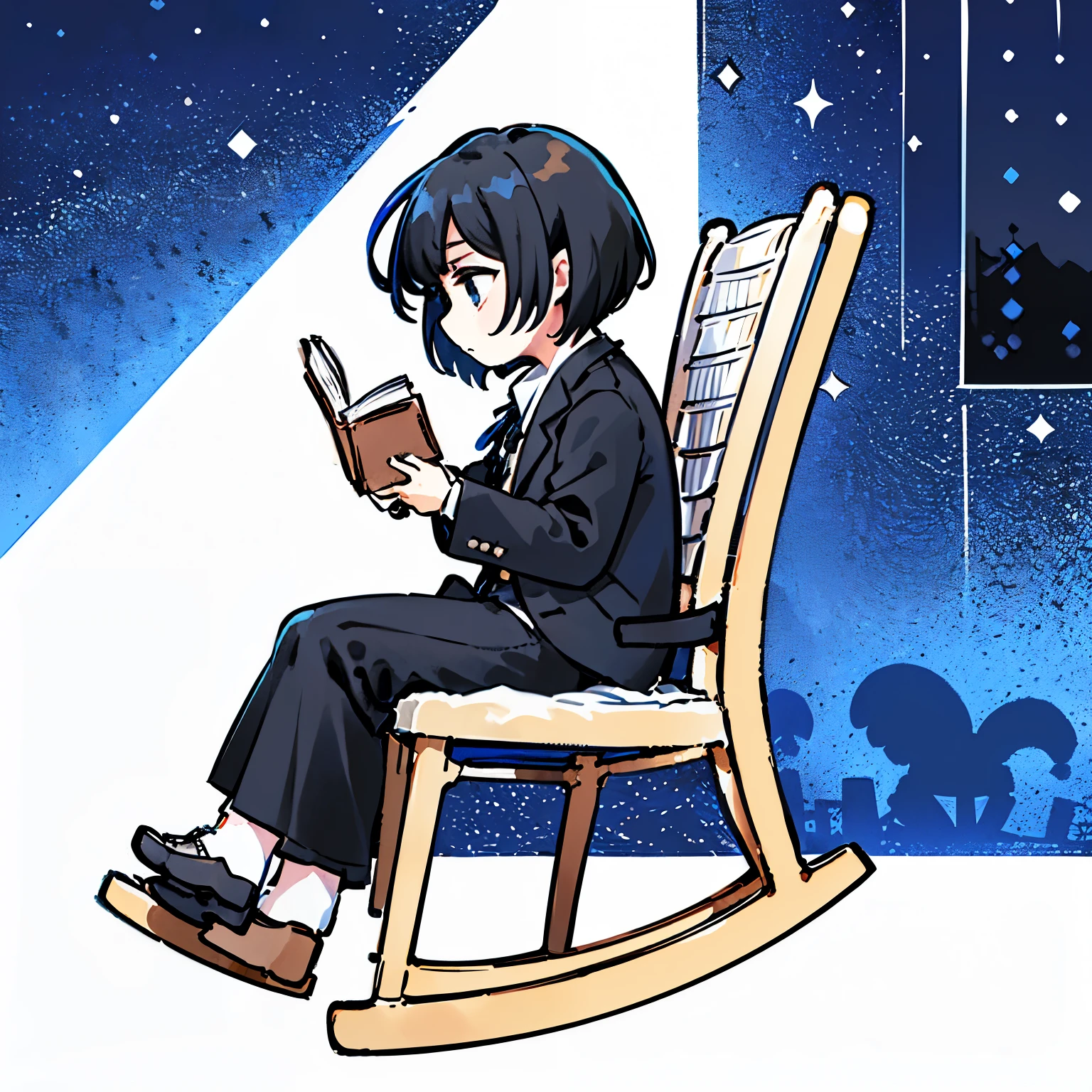 high-resolution, top quality, BestQuality:1.3, ultra detailed 4k cg, ultra detailed 8k cg, lighting forward, ((dark lower eyeshadow)), (blue short hair:1.4), (kids:2), (A long black suit jacket over a white shirt:1.2), (no background), (baggy clothes:1.2), fang, (tired hair:1.5), closed mouth, (cute:1.2), (Suit bottoms:1.2), chibi, (look directly to the side:1.4), (solo:2.1), (from side:2.0), (Sitting in a rocking chair reading a book:2.0), (rocking chair:2.0), (full body:1.8), concentrate on reading a book