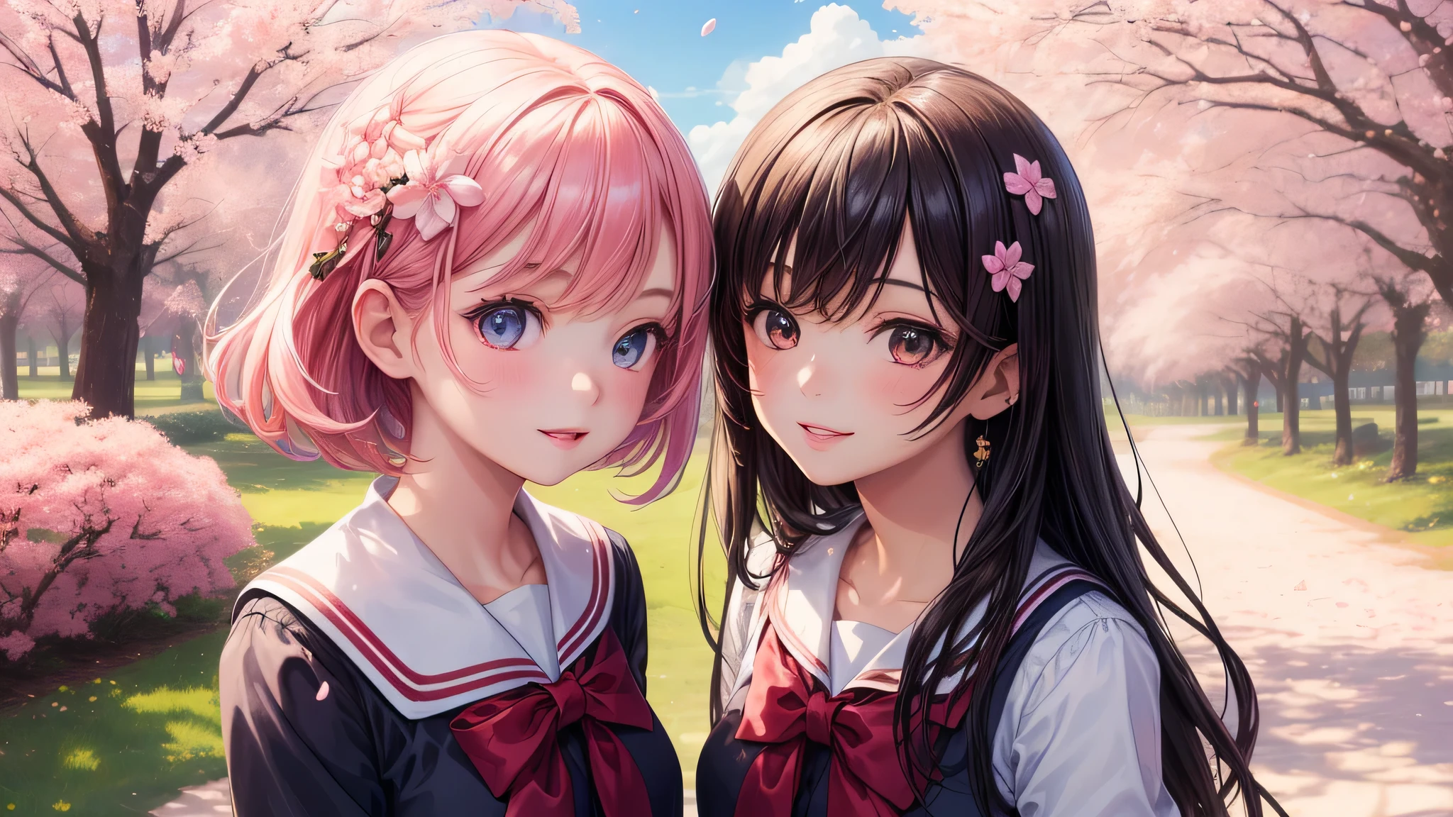 (2 girls:1.2), cute face, shining smile, (school uniform, mini skirt:1.2), (highest quality: 1.4), (Super detailed), (highest quality:1.4), (super detailed), (cherry blossomsのトンネル in full bloom, cherry blossomsのトンネル), road, Day光, cherry blossoms, cherry blossoms, Sunny, cloud, Day, blue sky, (anime illustration), very high resolution, (Upper body), close up face