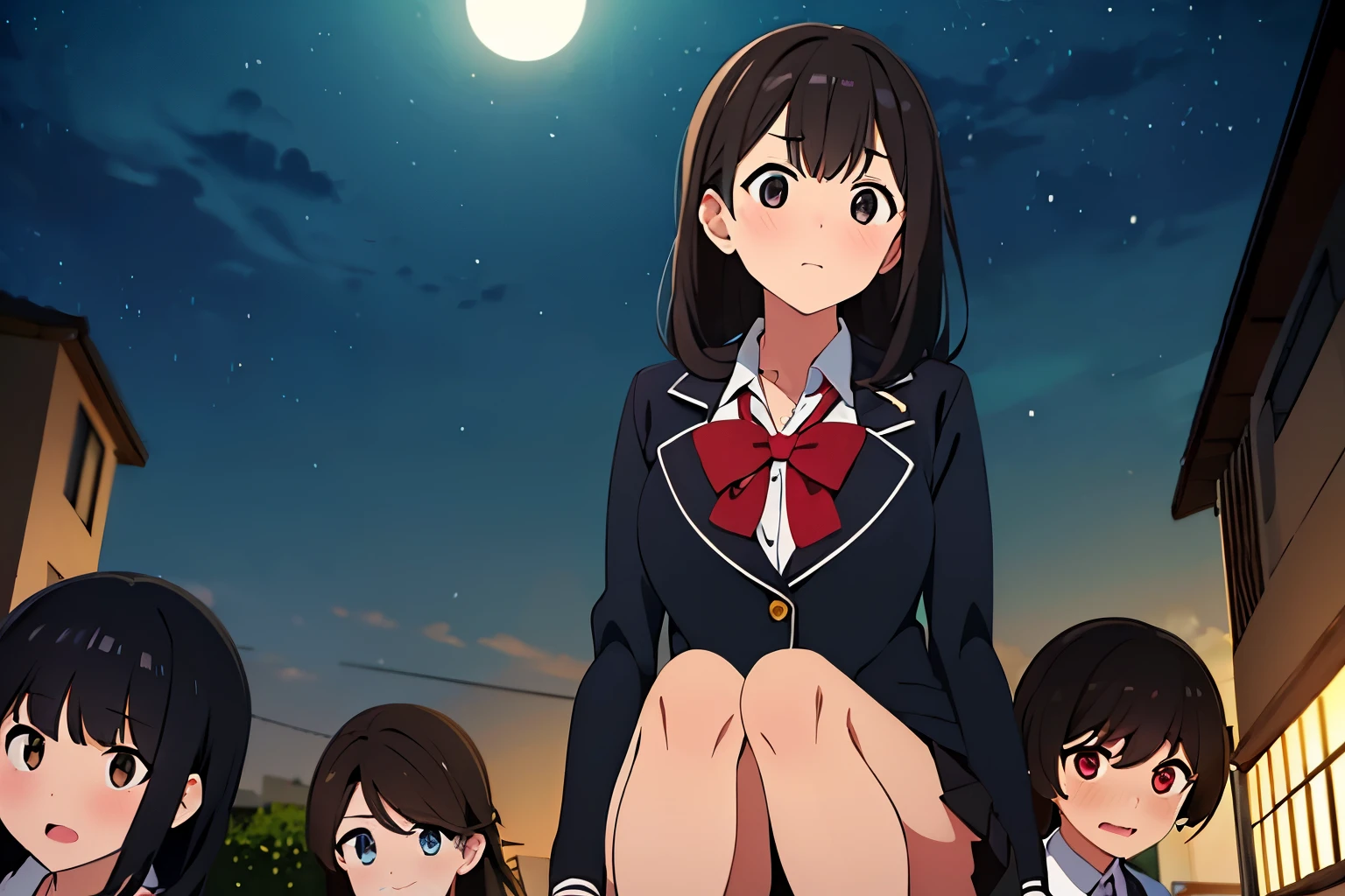 (three women:1.5)　,dark brown hair,black hair,（nose blush:1.7） ,surprised,open your mouth,(school uniform),（Panties are fully visible:1.7),(extremely high quality),（mini skirt）,nature,country road,（big droopy eyes:1.5）,（round eyes:1.5）,Shiny legs, thighs,cute face,（look up from below）,tall,night,street light,Crouching,hedge
