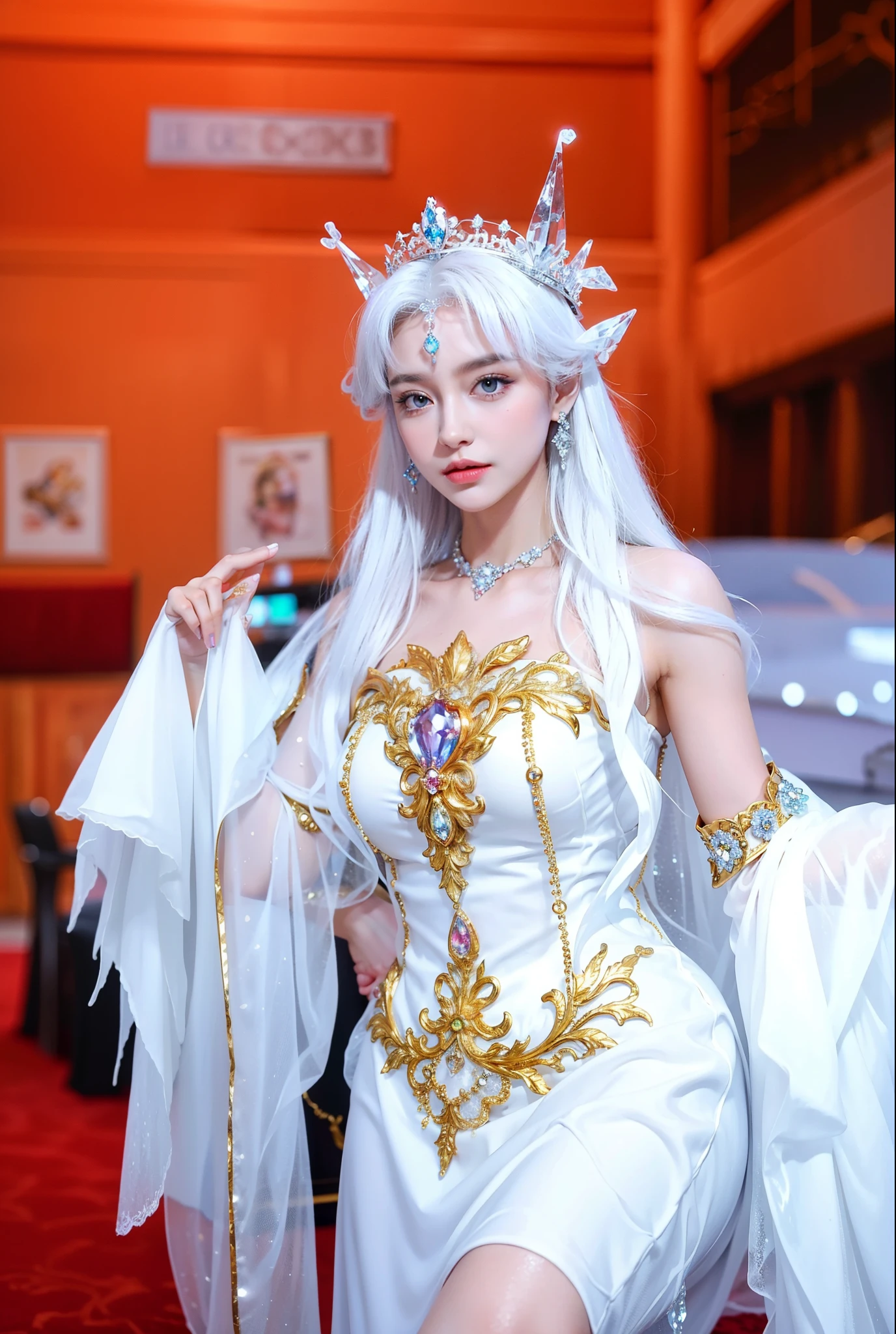 Royal sister,exquisite eyes,Detailed facial expressions body,tall figure,Leg length,4k,HD,translucent lace,Fair and plump figure,pretty face,Little cherry mouth,beautiful and delicious(3D royal sister),exquisite dress,Wear crystal jewelry,Gorgeous crystal gems,Gem and jewelry crown,The color of the picture is very bright,Gorgeous ice and snow princess,glossy gelcoat,