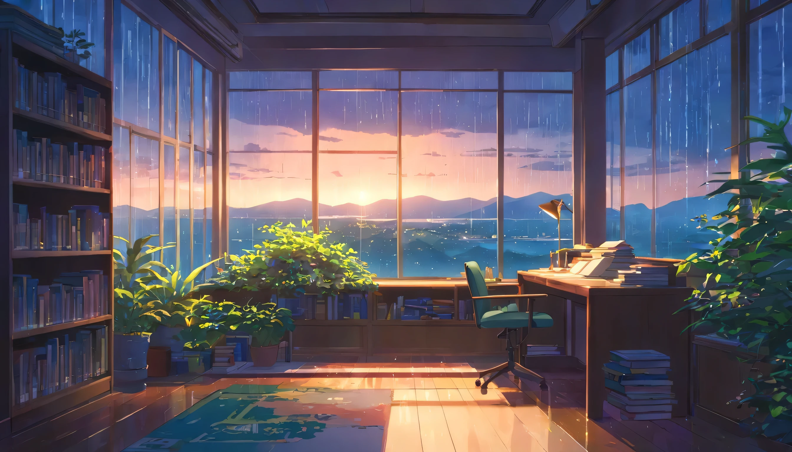 From a shot of a study with large windows filled with plants and books、Views of breathtaking natural scenery, At night, (Rainy)