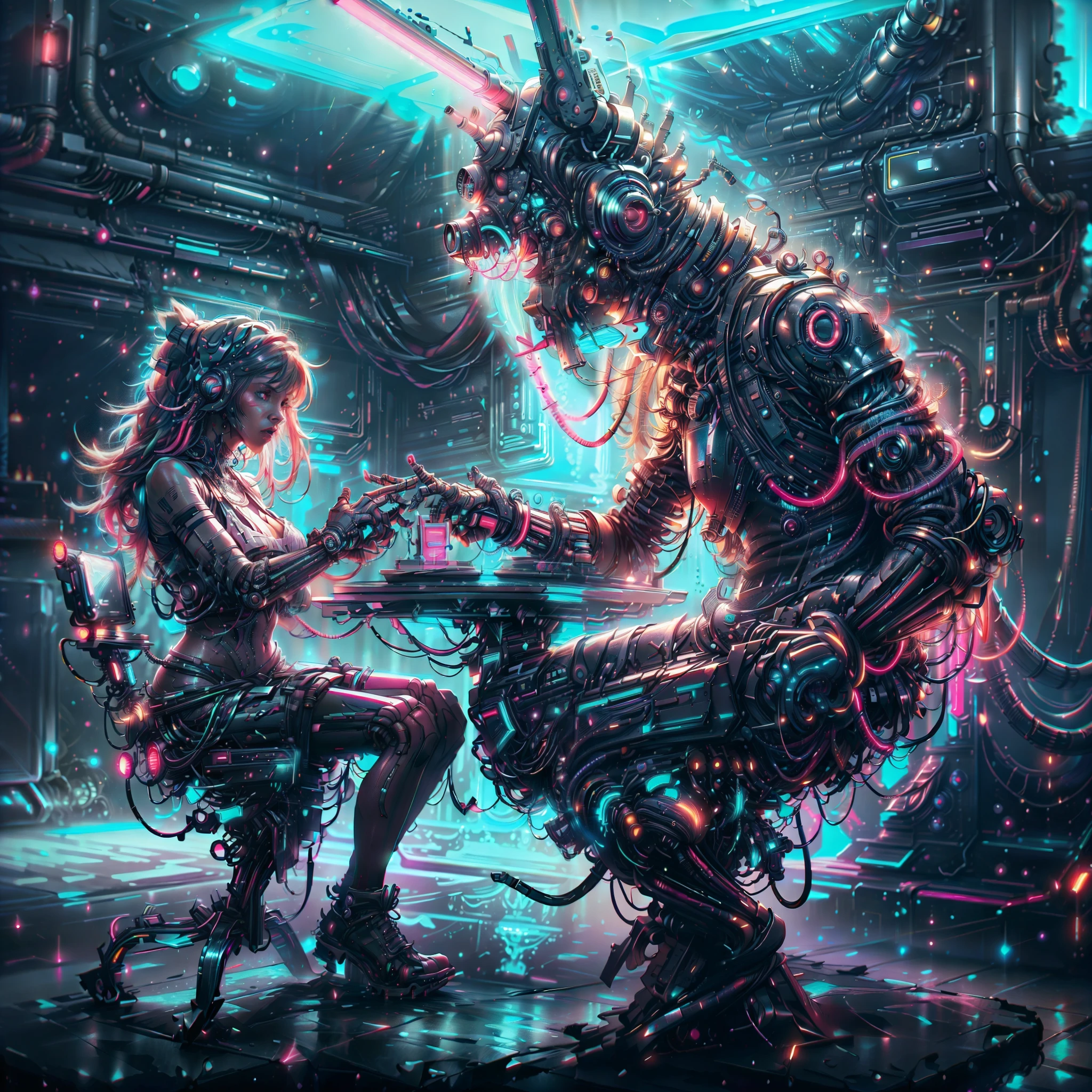 ultra detailed and perfectly physically proportioned full body, 2 arms 2 legs, (cyberpunk friends: 1.4 in a disco sitting at a table enjoying with friends, in the background people dancing and having fun, disco lights, dark environment, with monitors and neon lights everywhere), (absolute darkness:1.6,neon light:1.5),(cyberpunk:1.3), (ultra detailed and beautiful:1.3),((Best quality)), ((Masterpiece)), (highly detailed :1,3), 3D, beautiful, luminous particles:1,4, 32k