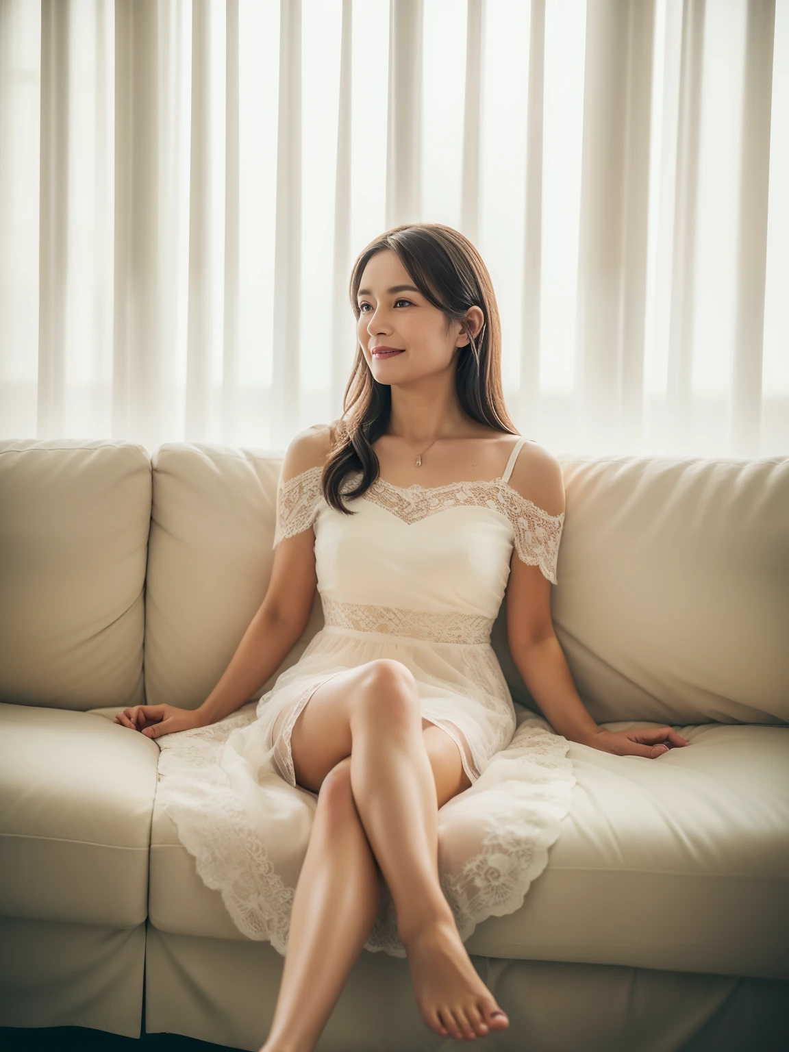 Beautiful 25 year old tall and slender woman。perfect legs. perfect face. She is fashion model. She is staying in the old classic church. She is wearing a wedding dress. Her one leg is visible and the other is hidden by the dress. She is illuminated by sunset light. the evening church lights is on . her dark brawn hair. High resolution、masterpiece、highest quality、頭w:1.0、((Hasselblad Photos))、fine skin、(movie lighting)、clavicle . full body picture.