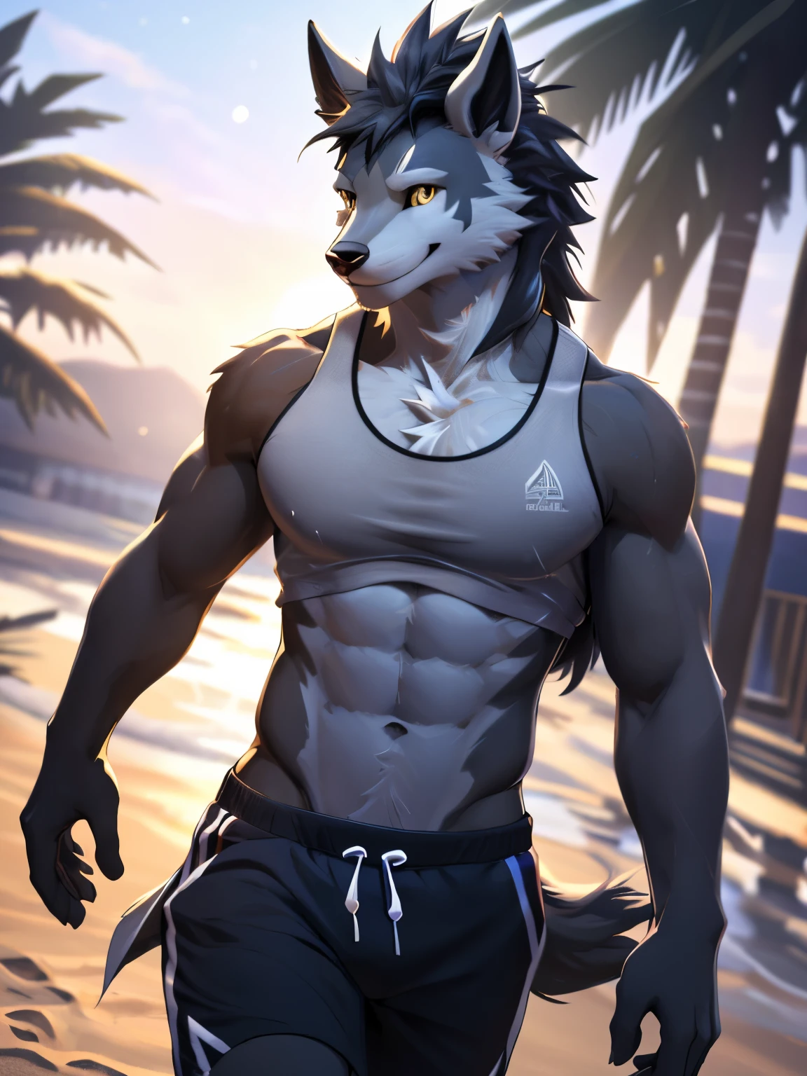 4k, ,8K, A high resolution, best quality, perfect colors, perfect shadows, perfect lighting, male, furry, anthro, Mightyena, solo, Yellow eyes, (Realistic eye details 1.2), beach, wearing tank top, wearing jogger sweatpants, Full body like, Slim body, abs, ultra detailed face, depth of field, motion blur, high details, high quality, award winning, HD, 16k, (best quality,4k,8k,highres,masterpiece:1.2),ultra-detailed,realistic:1.37,HDR,UHD,studio lighting,extreme detail description,professional,vivid colors,bokeh,lively atmosphere, natural lighting, smile, Looking at camera