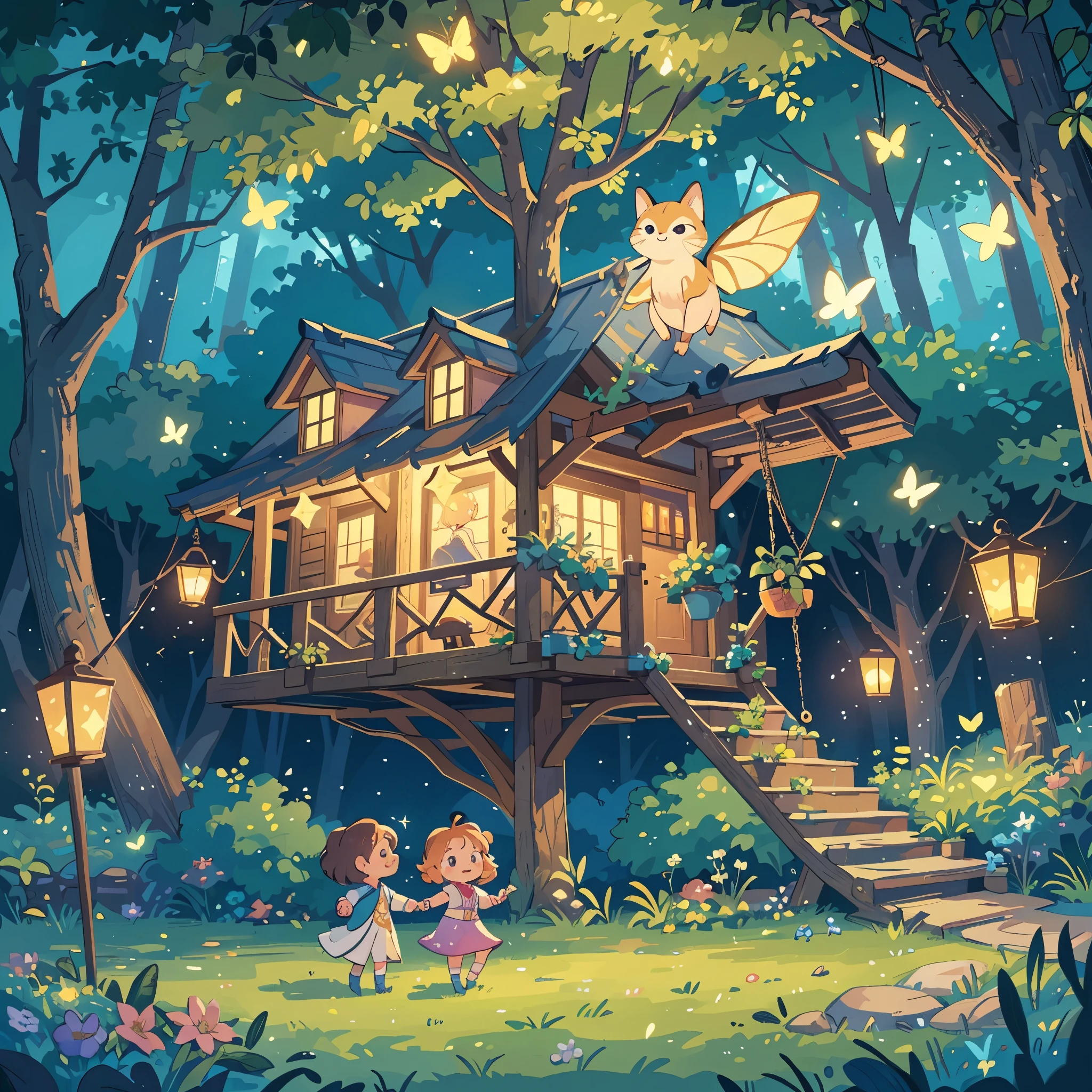 (best quality,4k,8k,highres,masterpiece:1.2),ultra-detailed,(realistic,photorealistic,photo-realistic:1.37),kids illustration,fantasy,whimsical,magical,enchanted scene,storybook-like,rich colors,vibrant tones,soft lighting,golden hour lighting,misty atmosphere,lovely pastel colors,dreamy clouds,fairy-tale characters,glowing fairies,fantastical creatures,sparkling stars,charming animals,playful children,curious eyes,wonder-filled faces,joyful laughter,innocent smiles,flower-filled meadow,tree swing over a sparkling river,friendly talking animals,hidden pathways through the forest,floating lanterns lighting up the night sky,spellbinding treehouse with a secret library,butterflies and fireflies dancing in the air,magical glow illuminating everything,imagination taking flight,adventure waiting around every corner,creativity and curiosity nourished in this enchanted world,fascinating details and intricate patterns，dreams becoming reality on canvas.