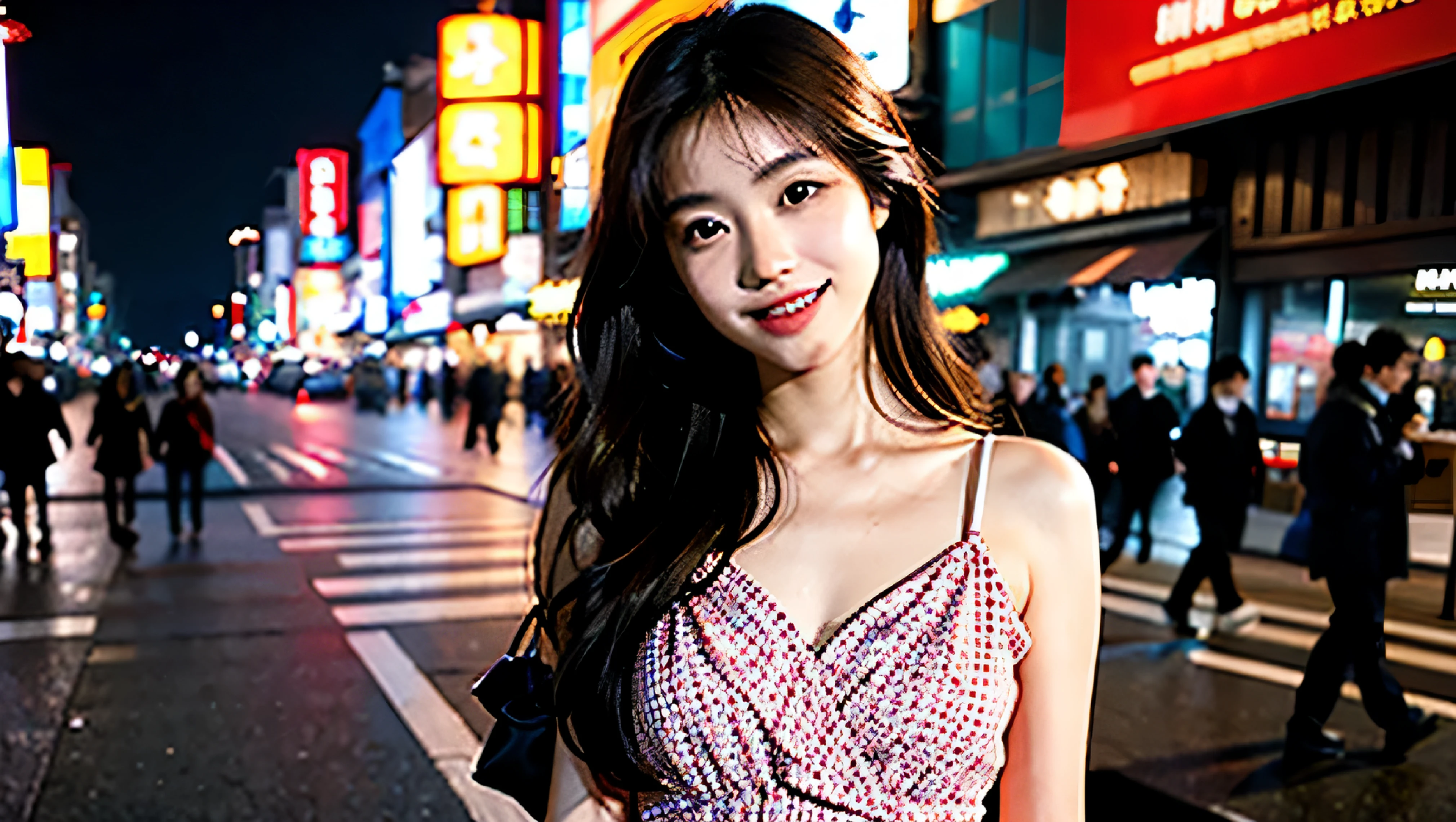 A full-screen photo of a beautiful Asian model with brown hair, V-line face and a lovely smile in a crowded Tokyo Street. She is the spotlight of the photo in a flower dress, shot by Canon 5D3 with prime lense ft 12.0 --ar 16:9 --style raw --v 6.0