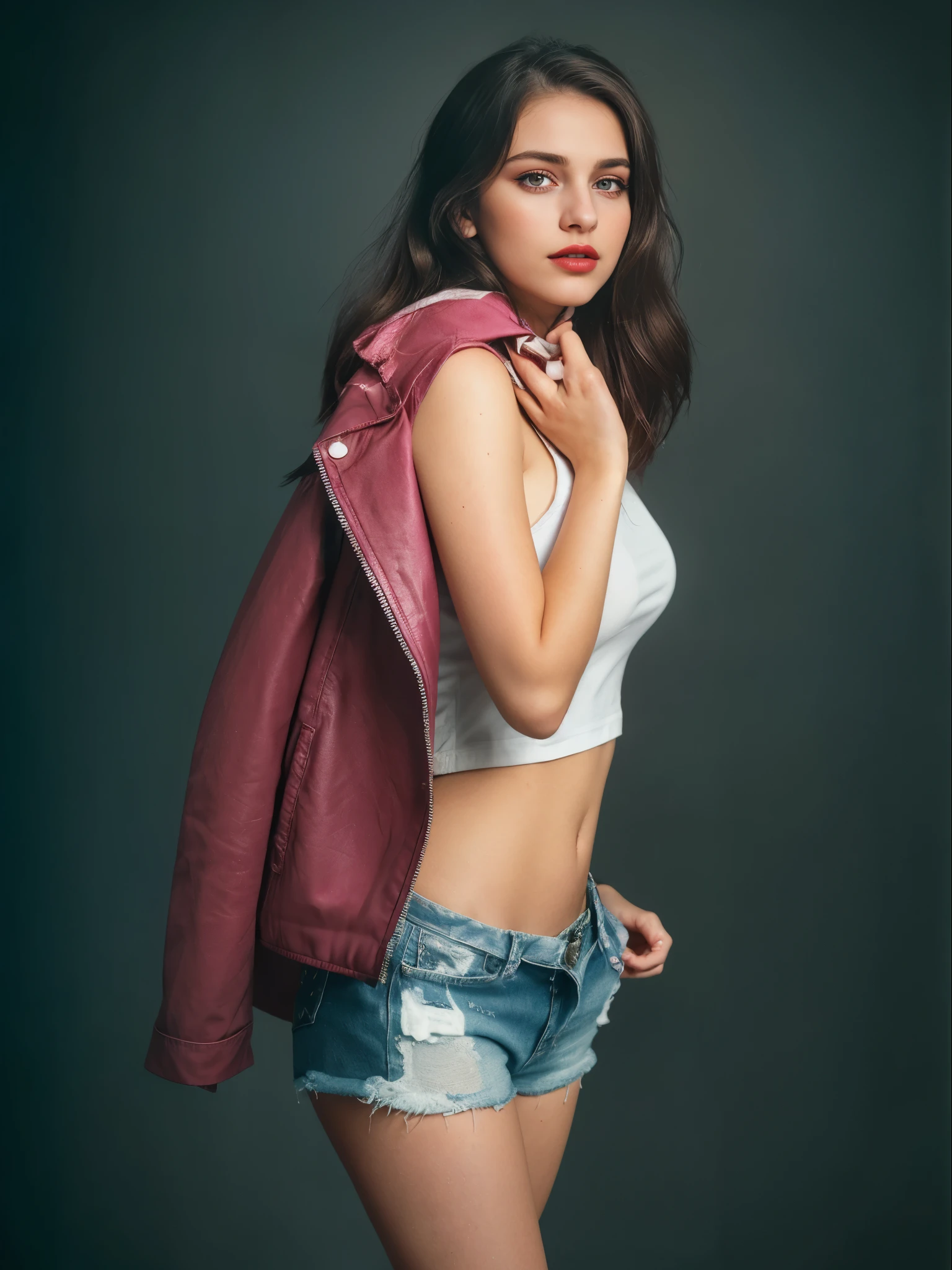 Blond shining hair, (RAW photo), (realism: 1.8), (gloss red lipstick, many eyelashes, dark black eye shadow, shy, blushing, high quality, high resolution, depth of field, chromatic aberration, caustic, wide light, dark pink fair glossy skin, (21 year old woman), stylish college girl, white shirt-blue jeans, lots of exposure, pose, visible 8k resolutions,magical