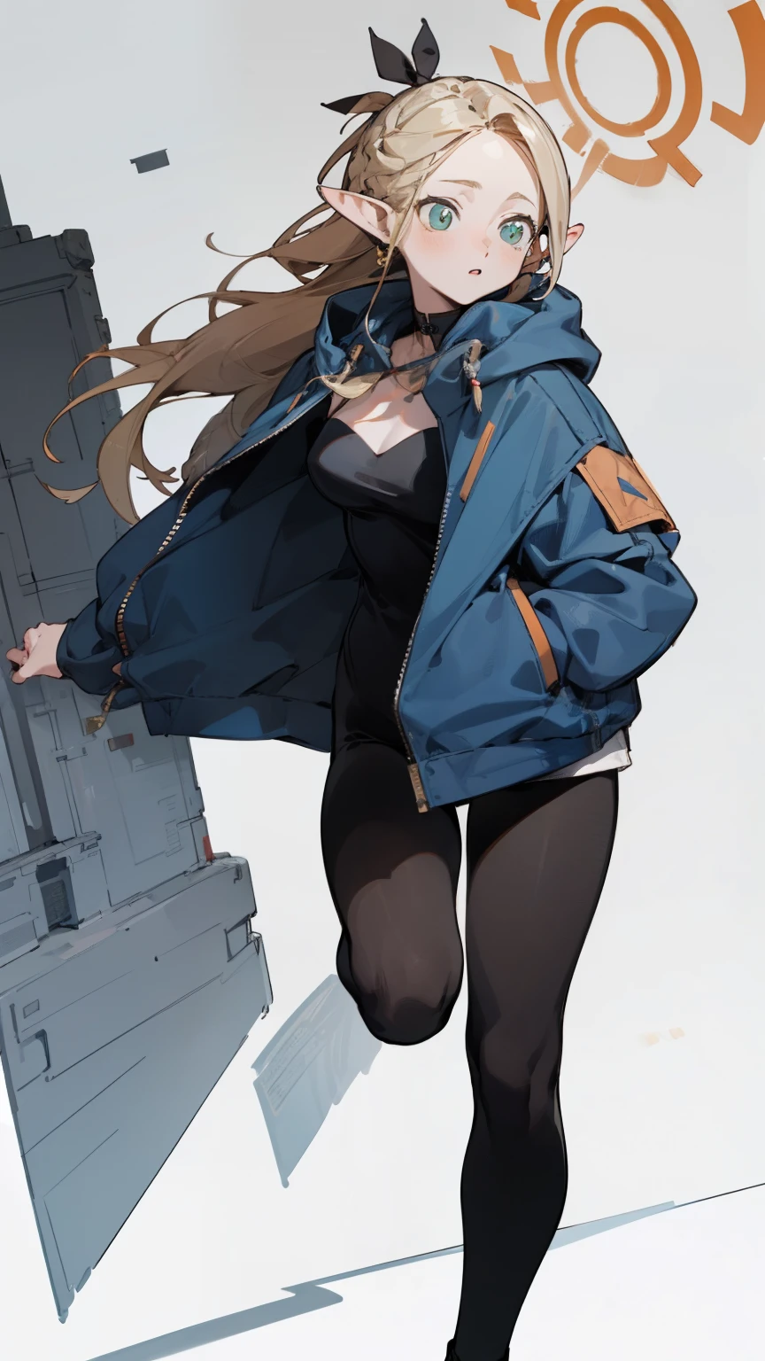 (masterpiece, best quality) detailed, 1character , blue archive art style , Wearing black tights, silver accessories , zip up , blonde ,elegant, pointed ears ,bunny girl costume