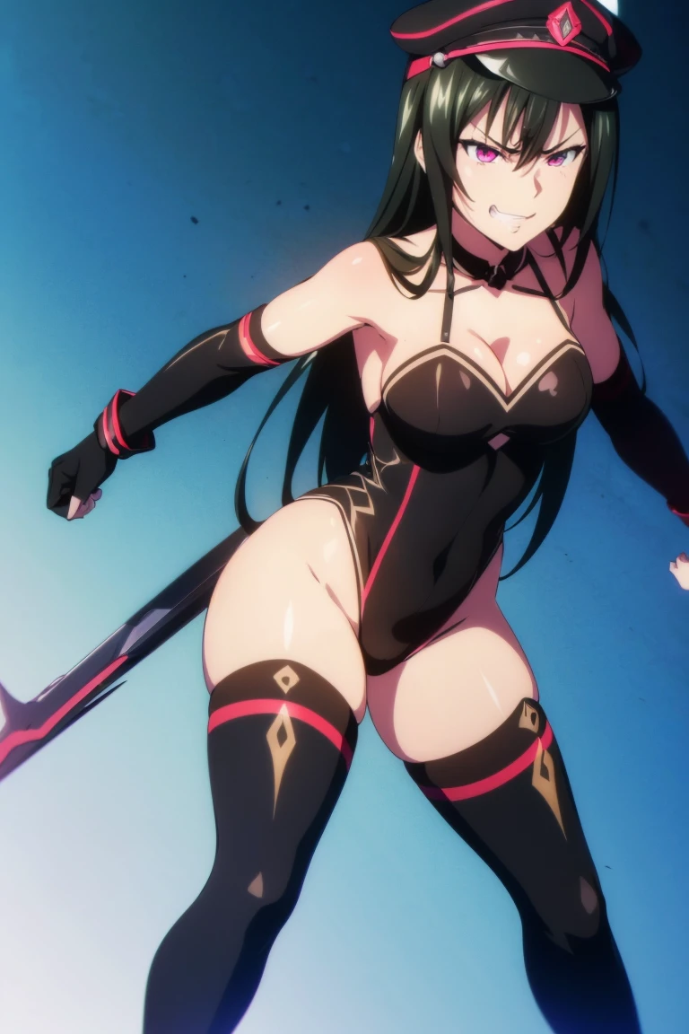 beautiful, masterpiece, ultra detailed, extremely detailed, ultra high res, 8k, beautiful detailed face, anime screencap, heart shaped face woman, (black hair:1.2), long hair, hair between eyes, large breasts, fearless face, sharp face, slant eyes, cat eyes, 170cm tall, adult, perfect proportion, (((black high-leg leotard))), (((dare shoulder))), cleavage, (((thigh boots))), choker, (((military cap))), anime style, ultra detailed beautiful face and eyes, front view, raw phot, incredibly absurdres, Beautiful portrait of cute anime girls, super fine illustration, full-hd, hdr, best aesthetic, distinct, exquisite, masterwork, by famous artist, highers, (((perfect anatomy))), mocking, (((rape face))), (((evil grin))), intense eyes, sadistic, gleaming skin, oil skin, slut face, full-face blush, smirking, mischievous grin, furrowed mouth, both legs, pouty lips, downturned corners, rosy hue, grin widely, cheeky smirk, (((bad-tempered glare))), gloating, crazy smile, scary face, cruel smile, fang, connected teeth,, (((elbow gloves))), (((big connected teeth)), glare, grimace, smirk, (((scowling face))), smile broadly, symmetrical eyes, even eyes, perfect eyes, (((squinting eyes))), deep detailed eyes, shiny clothes, 1girl, solo, smug, smile grimly, (((dimpled smile))), pink eyes, (((upper body shot and standing))), (((laugh))), (((pleasure face))), (((brutality face))), (((scary face))), (((fang))),