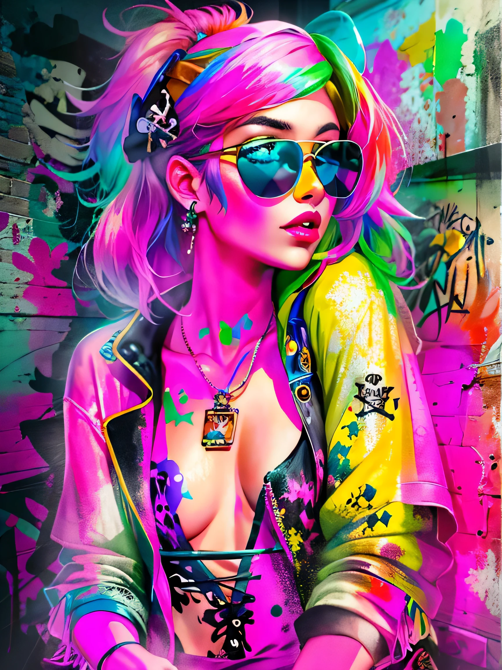 watercolor painting, 8K resolution、((highest quality))、((masterpiece))、((Super detailed))、(((most fashionable design)))、1 female、alone、incredibly absurd、 (((The most beautiful pirate girl of all time))), (((Stylish sunglasses))), lips in love, pirate bandana,neon、small breasts,、(((graffiti art))), colorful hair, provocative