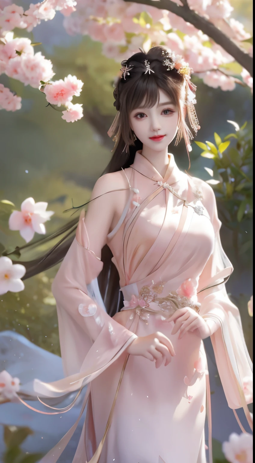 Superb Quality Masterpiece: The image showcases a beautifully depicted 1Girl with a captivating Blush and Charming Smile, boasting Star Eyes that sparkle brightly. She wears elegant Chinese Hanfu adorned with delicately designed Hair Accessories and dazzling Jewelry, adding to her alluring Beauty. The Tyndall Effect adds a touch of realism to the scene as she is portrayed on_body against the backdrop of a mesmerizing Peach Blossom Forest. The Two-tone Lighting is intricately balanced, providing a soft Light Edge and High Detail Skin. The image is captured in 8K UHD using