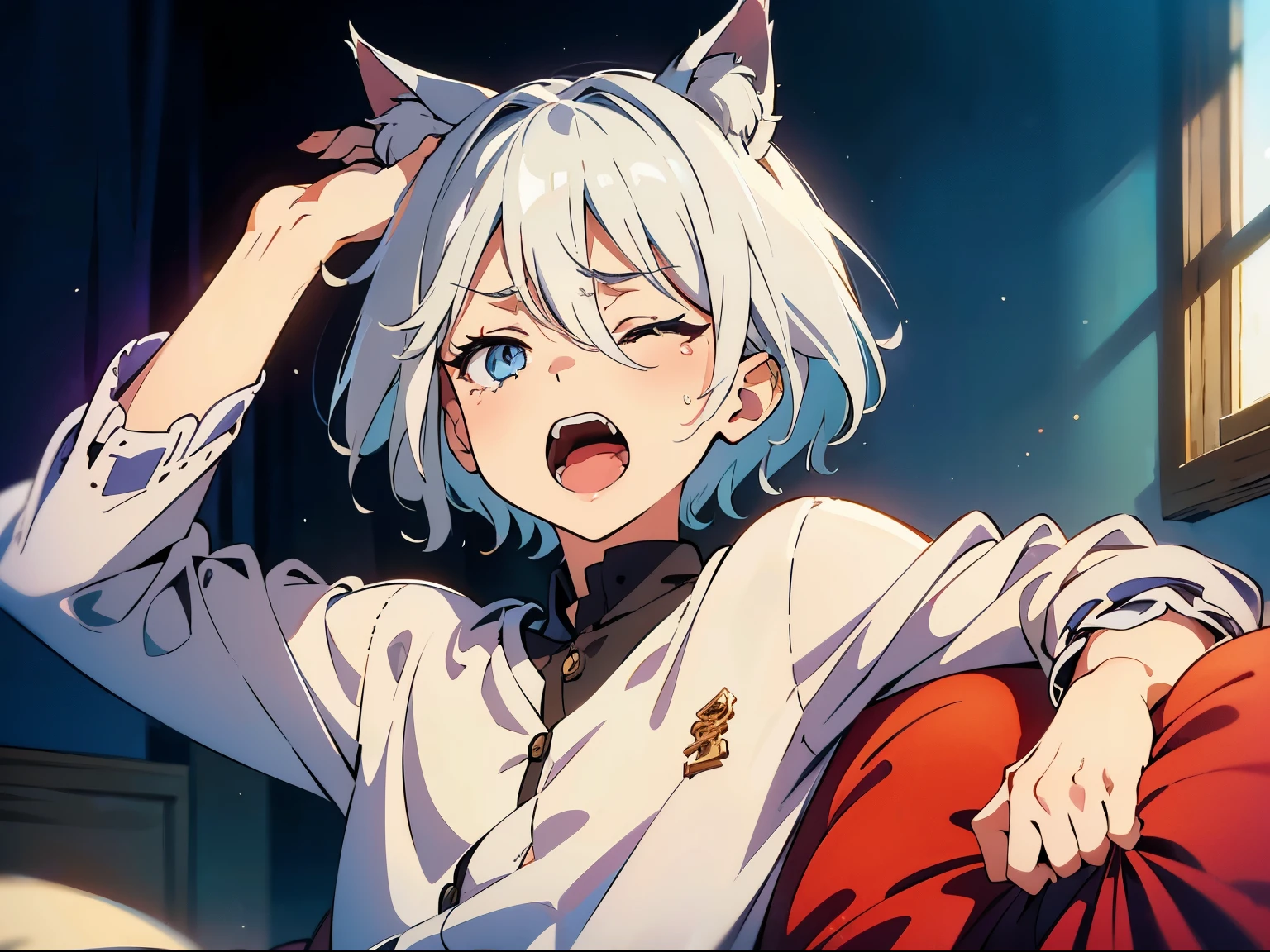 masterpiece, Cat eared boy(gray hair, short hair) ,boyish,beautiful eyes、depicted in detail,bed,sit,yawning, (cry),arm up,(one eye closed),(sleepy-eyed)
