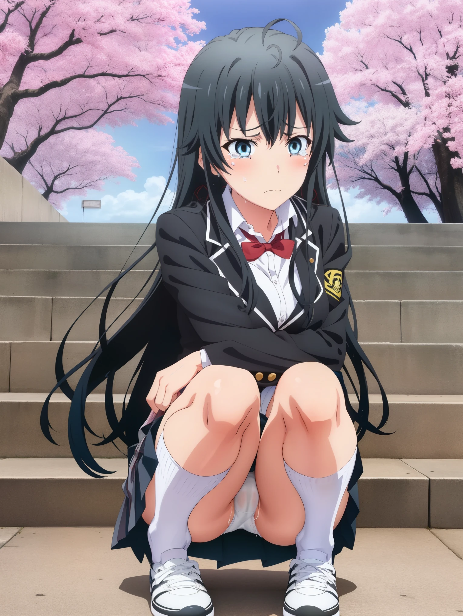 ((1 girl )), Cherry-blossom viewing,Yukinoshita Yukino , squat,wear sneakers, troubled face,tears(Sole of foot 1.0),blazer,shirt,check skirt,(white knee high socks),(Pussy cameltoe in panties:1.0),Love juice overflows,(white lace panties),