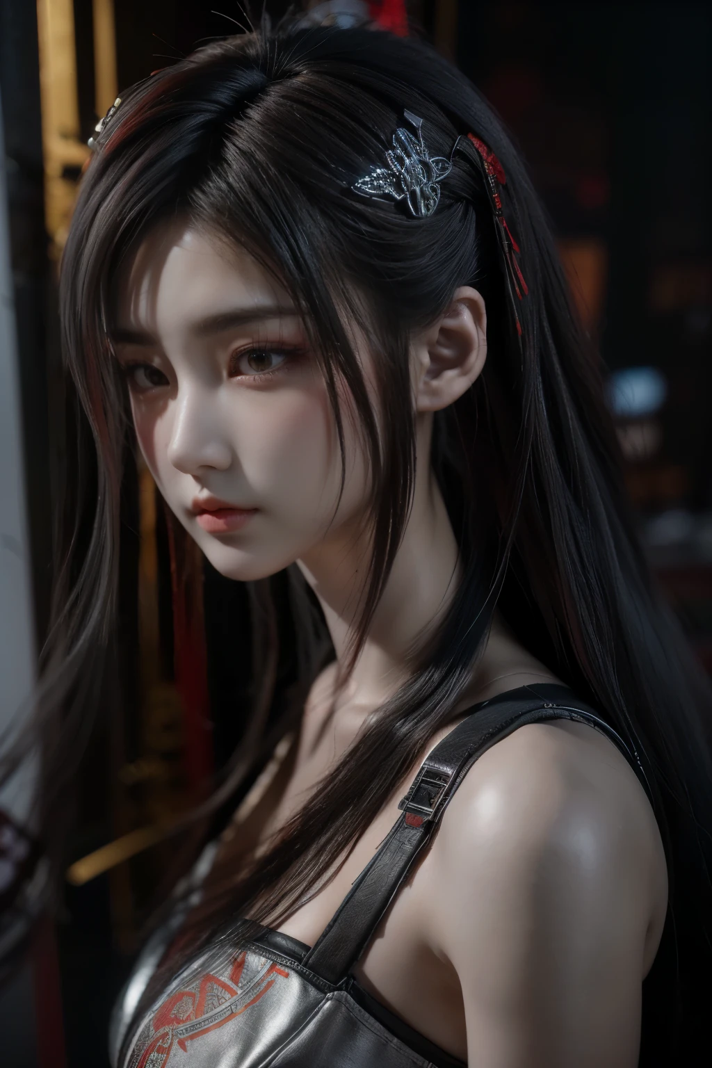 Masterpiece,Game art,The best picture quality,Highest resolution,8K,(Portrait),Unreal Engine 5 rendering works,(Digital Photography),((Portrait Feature:1.5)),
20 year old girl,Short hair details,With long bangs,(The red eye makeup is very meticulous),(With long gray hair:1.4),(Large, full breasts),Elegant and noble,Brave and charming,
(Future armor combined with the characteristics of ancient Chinese armor,Hollow design,Power Armor,The mysterious Eastern runes,A delicate dress pattern,A flash of magic),Warrior of the future,Cyberpunk figures,Background of war,
Movie lights,Ray tracing,Game CG,((3D Unreal Engine)),OC rendering reflection pattern