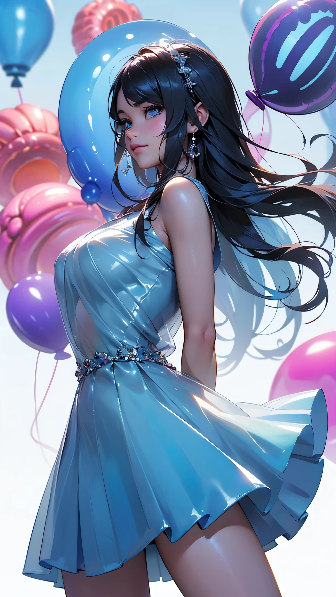 (La mejor calidad,A high resolution,Ultra - detallado,actual), Selena Gomez surrounded by large balloons, (vestuario kawaii AkB 48),(big birthday balloons detailed 8K.motor irreal:1.4,UHD,La mejor calidad:1.4, fotorrealista:1.4, textura de la piel:1.4, obra maestra:1.8,obra-prima, mejor calidad,objeto Objeto], (detailed face features:1.3),(Las proporciones correctas),(Ojos hermosos azules:1.4 ),  (pose vaquero),( fondo caja de barbie :1.4),, (transparent plastic dress fifteen years blue :1.4), (perfect anatomy v2.1 ),( large balloons in front and back surrounded the body :1.4) 