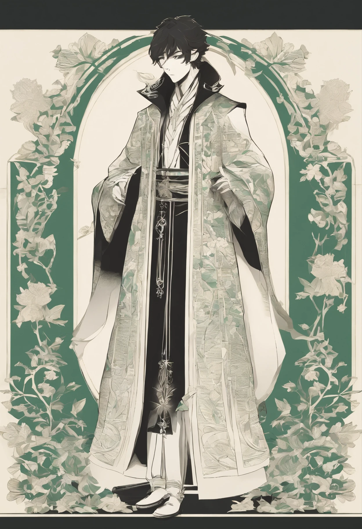 Anime - Stylistic image of a man wearing a green cloak and a gold cloak, kashmir art, beautiful androgynous prince, Handsome Man in Demon Killer Art, picture of a male cleric, Official character illustration, delicate and androgynous prince, Inspired by Chris from Deltarune, official art, official character art, dressed like a priest