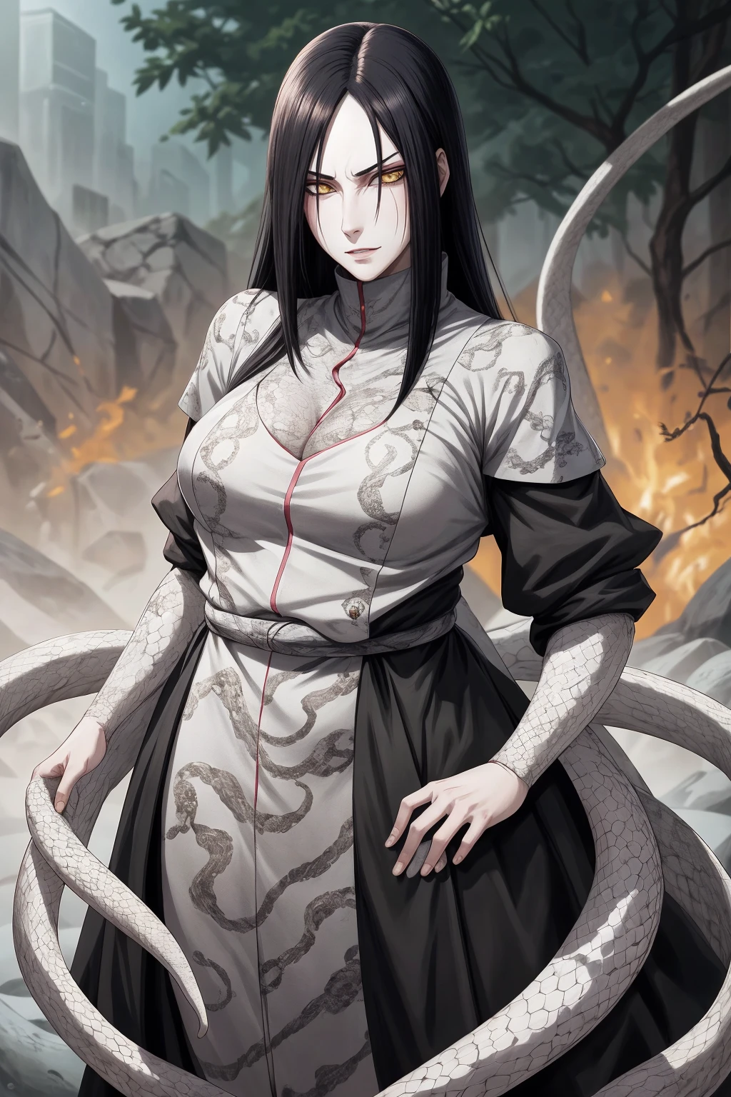 {-erro_de_anatomia:1.0} estilo anime, Masterpiece, absurdities, Orochimaru\(Naruto\), 1girl Solo, Mature woman, Oversized shirt with broad shoulders, Perfect composition, Detailed lips, large breasts, Beautiful face, body proportion, Blush, Long black hair, ( black hair), yellow eyes, Soft gauze, Super realistic, Detailed, photo shoot, Realistic faces and bodies, masterpiece, best quality, best ( white snake) illustration, hyper detailed, 1 girl, solo, glamorous, blushing, whole body, 