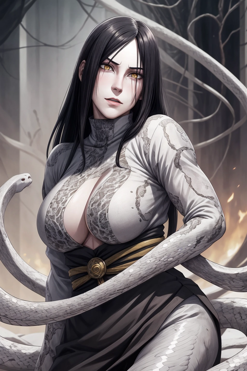 {-erro_de_anatomia:1.0} estilo anime, Masterpiece, absurdities, Orochimaru\(Naruto\), 1girl Solo, Mature woman, Oversized shirt with broad shoulders, Perfect composition, Detailed lips, large breasts, Beautiful face, body proportion, Blush, Long black hair, ( black hair), yellow eyes, Soft gauze, Super realistic, Detailed, photo shoot, Realistic faces and bodies, masterpiece, best quality, best ( white snake) illustration, hyper detailed, 1 girl, solo, glamorous, blushing, whole body,